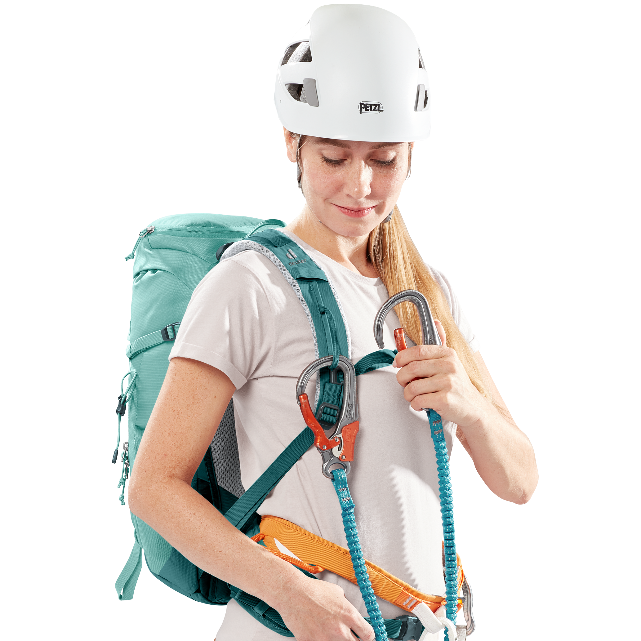 climbing helmet, harness, backpack, rope, sport gear