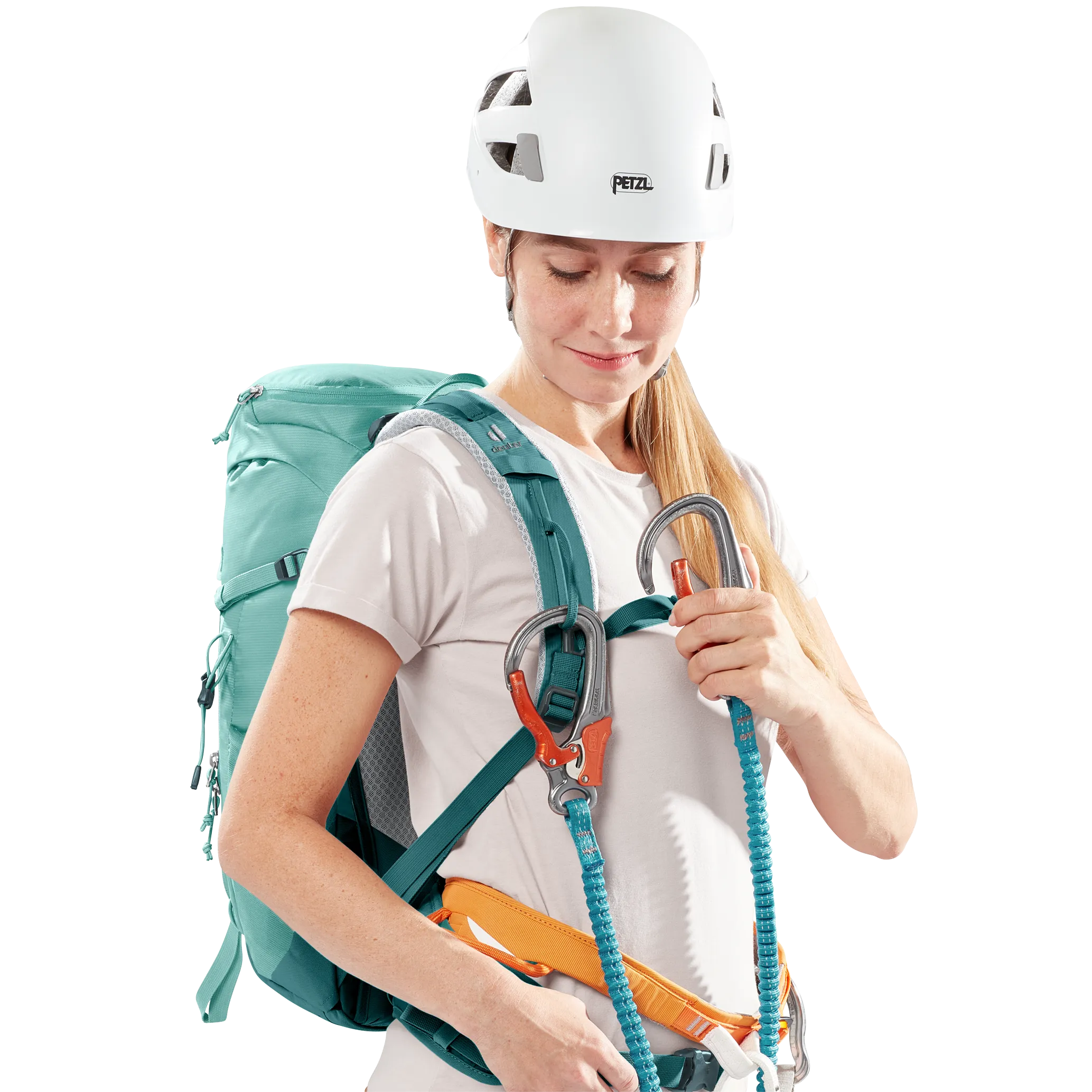 climbing helmet, harness, backpack, rope, sport gear