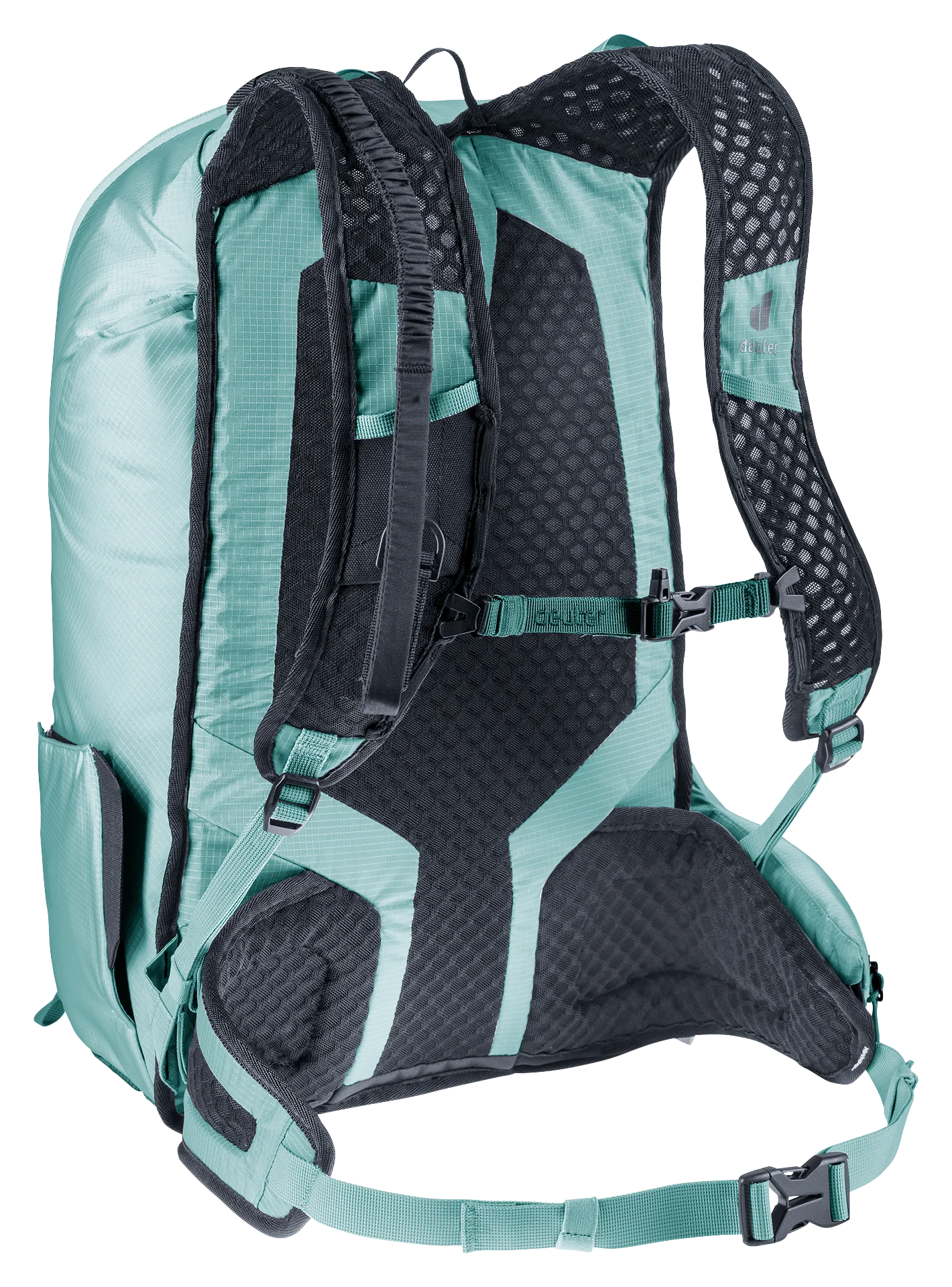 backpack, hiking, shoulder straps, mesh padding, teal color