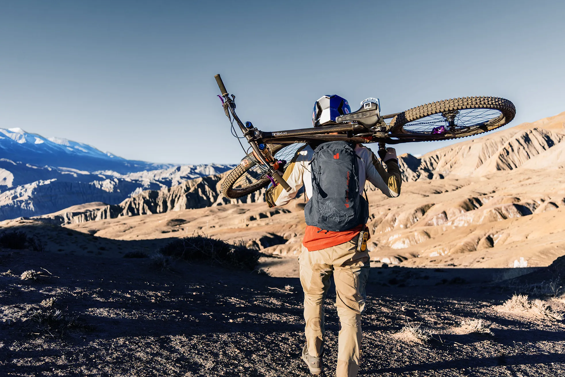 mountain, biker, backpack, gloves, helmet