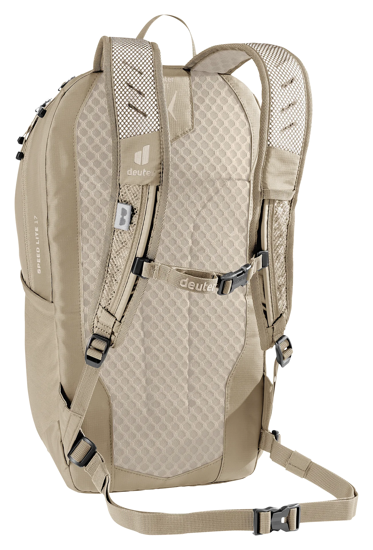 backpack, shoulder straps, padded back, mesh grip, tan color