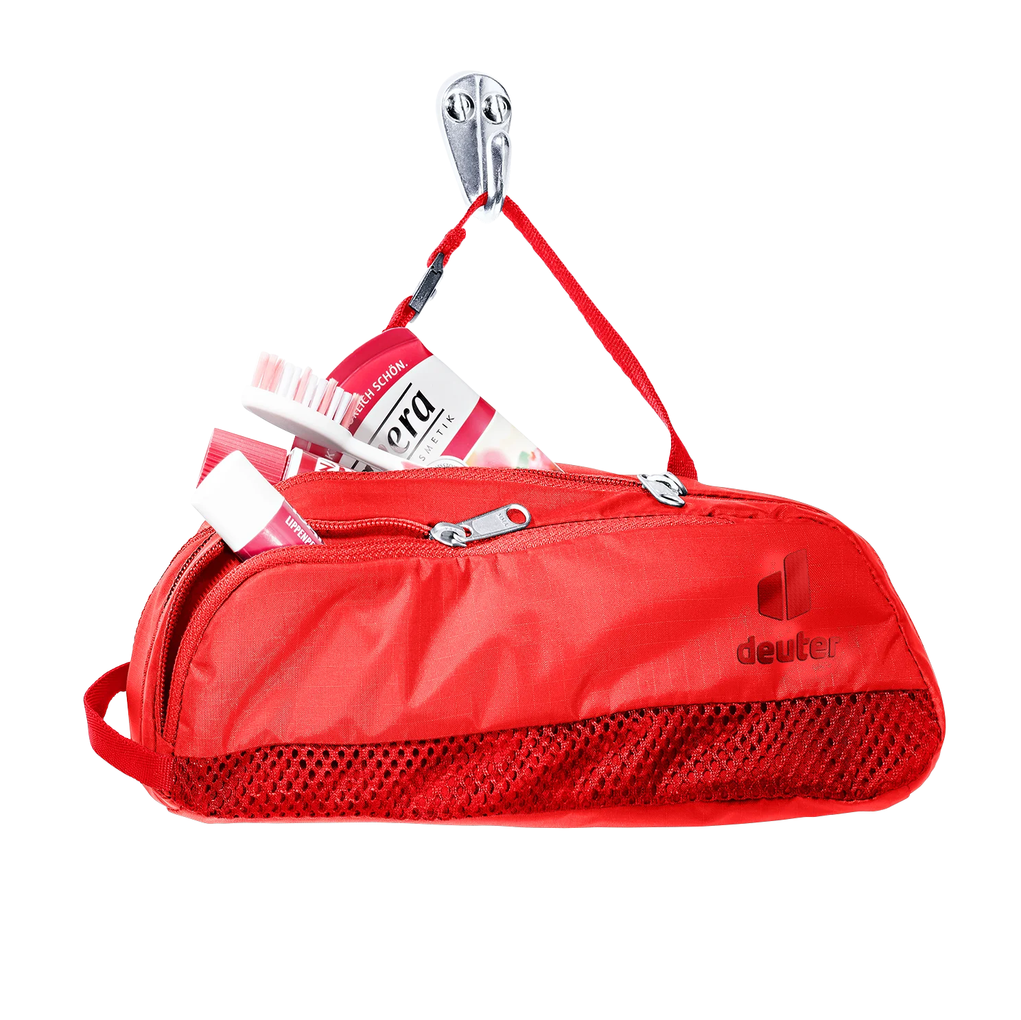 toiletry bag, red bag, zippered pouch, mesh pocket, carabiner hook
