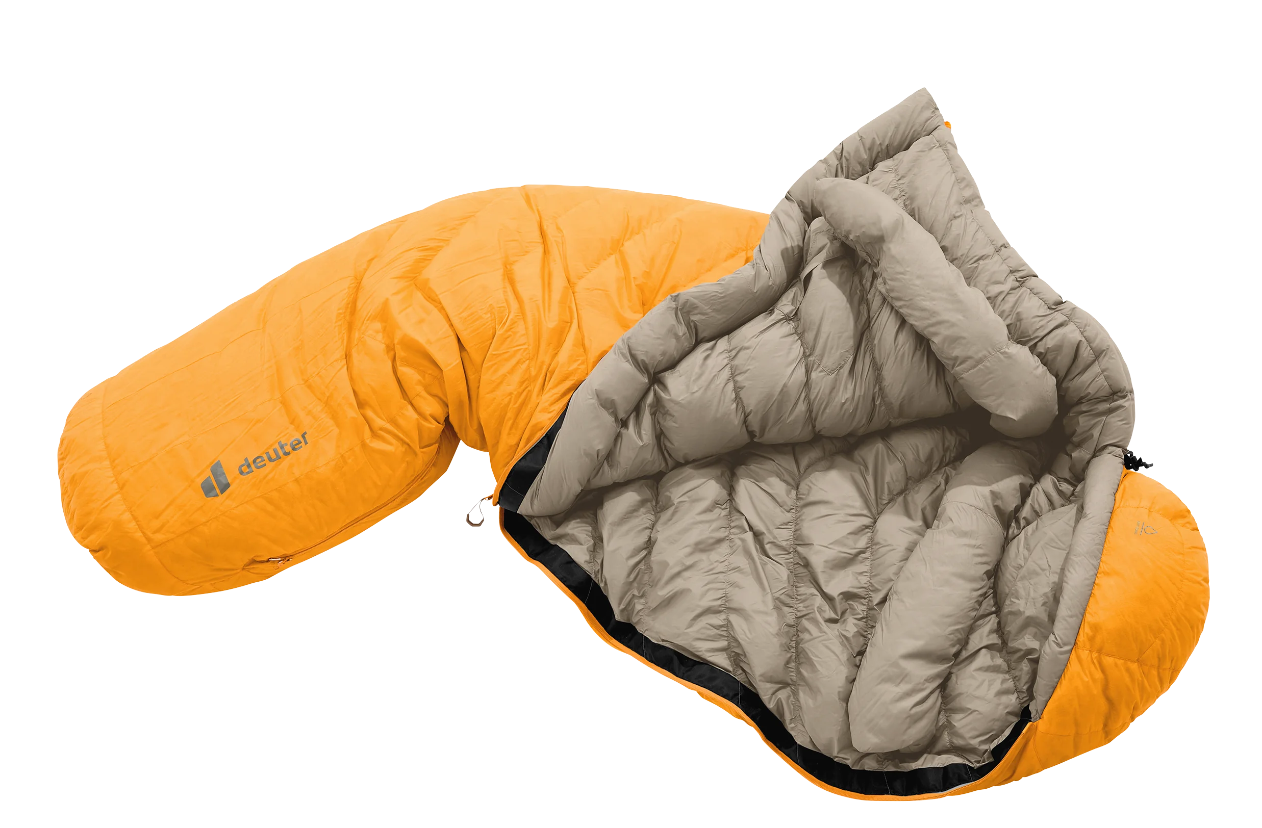 sleeping bag, down fill, orange, mummy shape, hooded