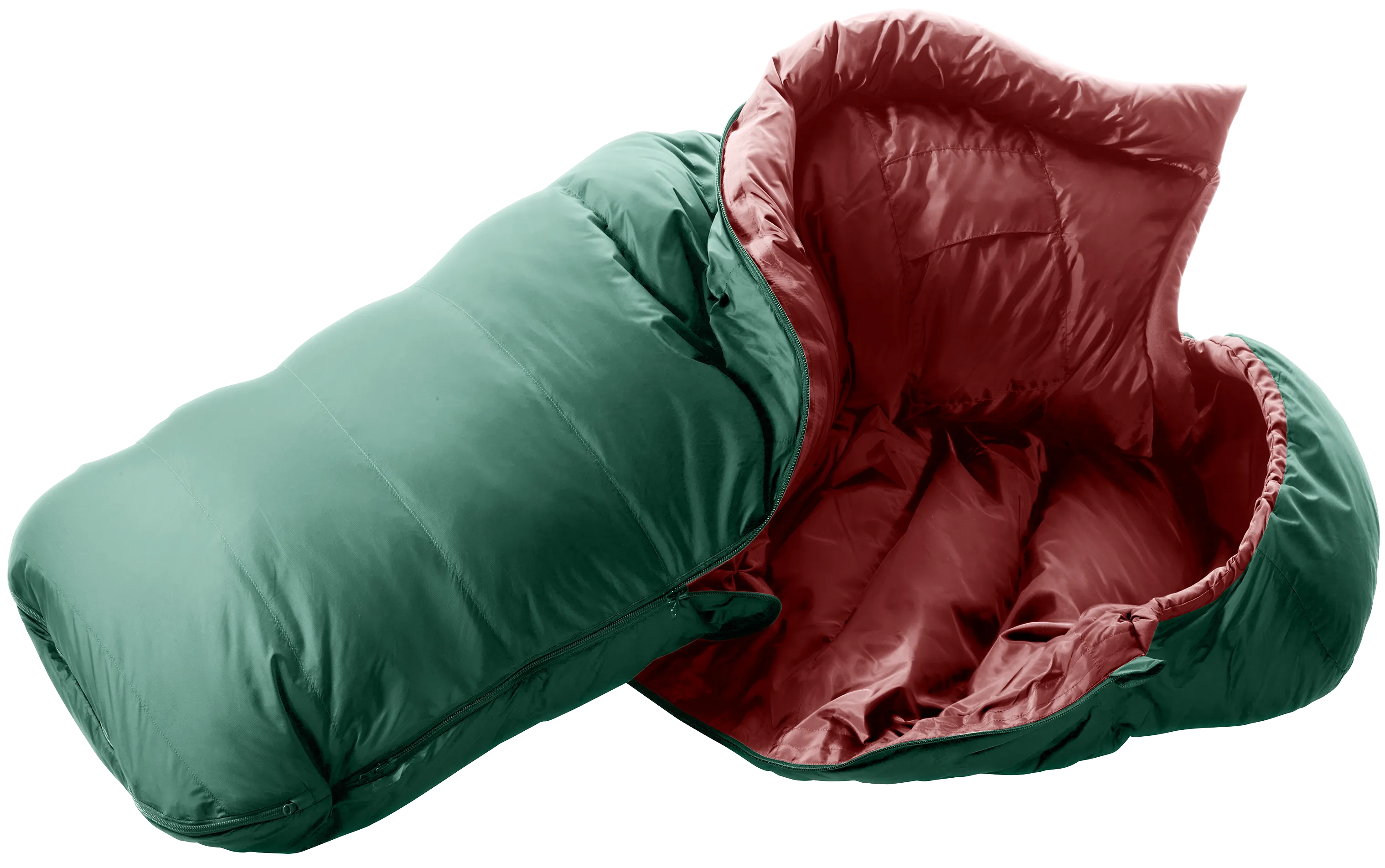 sleeping bag, puffer, quilted, green, red lining, sleeping bag, puffer, green, red interior, carrying bag