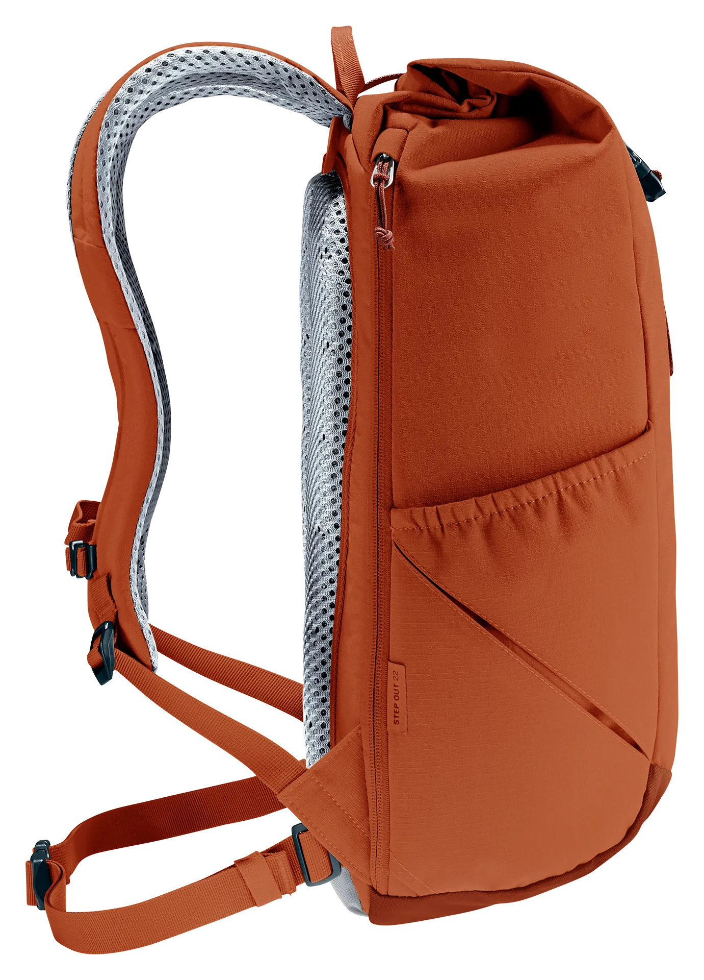 backpack, orange, shoulder strap, padded, zipper pocket