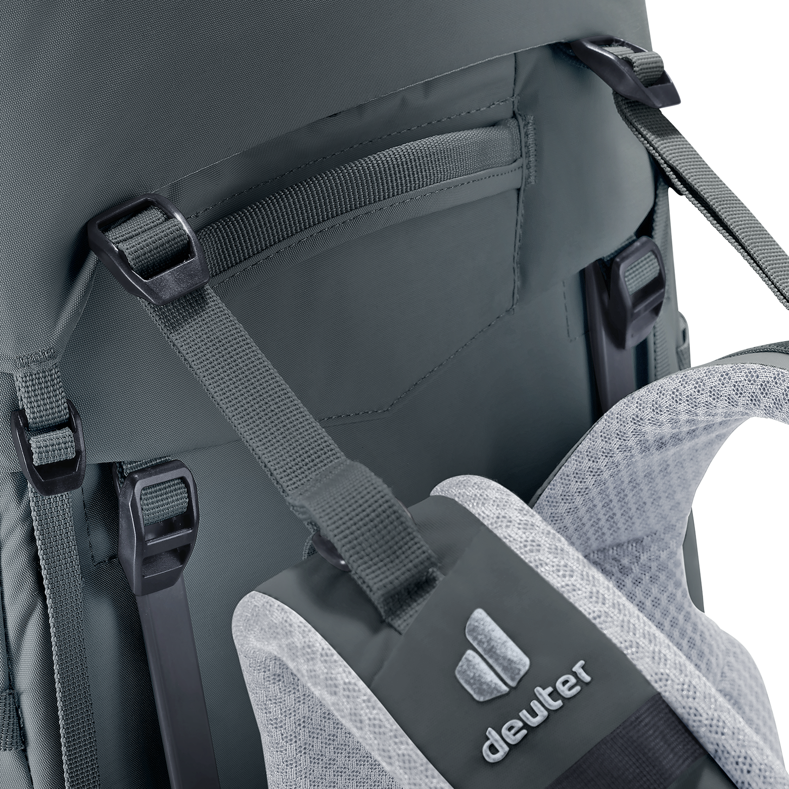 backpack, strap, padded, grey, brand tag, backpack, shoulder straps, padded handle, mesh pocket, deuter