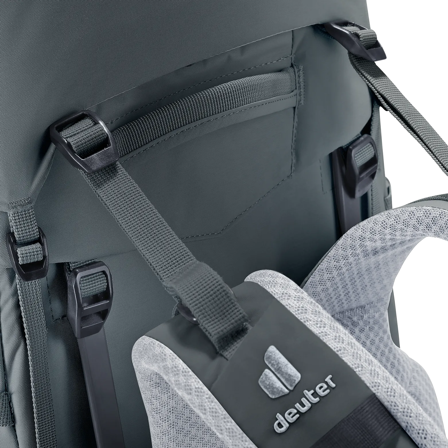 backpack, strap, padded, grey, brand tag, backpack, shoulder straps, padded handle, mesh pocket, deuter