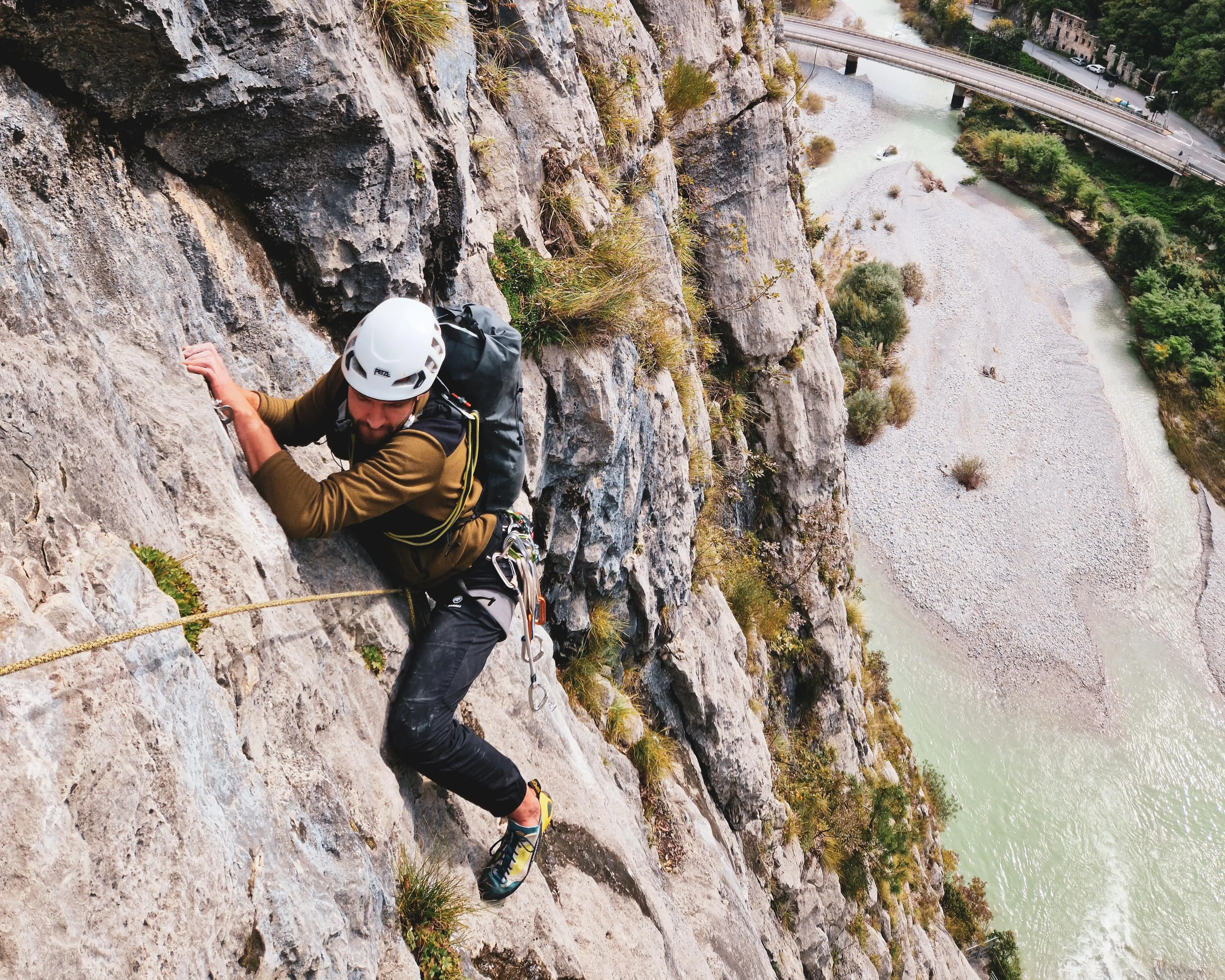 rock climbing, climber, helmet, rope, backpack
