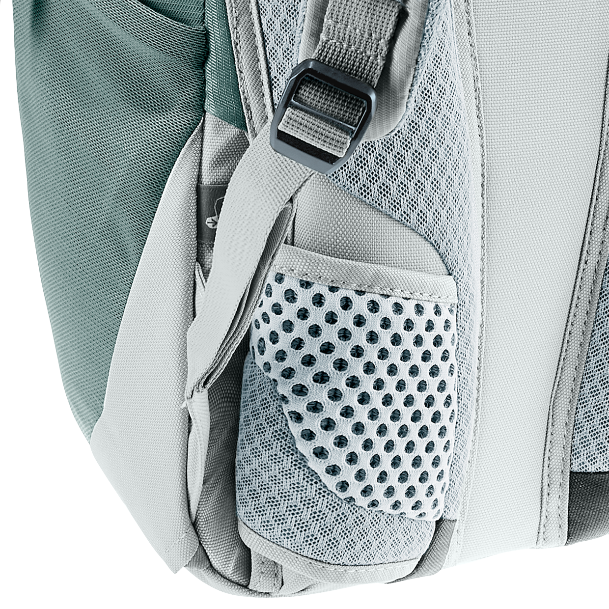 backpack, mesh pocket, adjustable strap, padded, gray