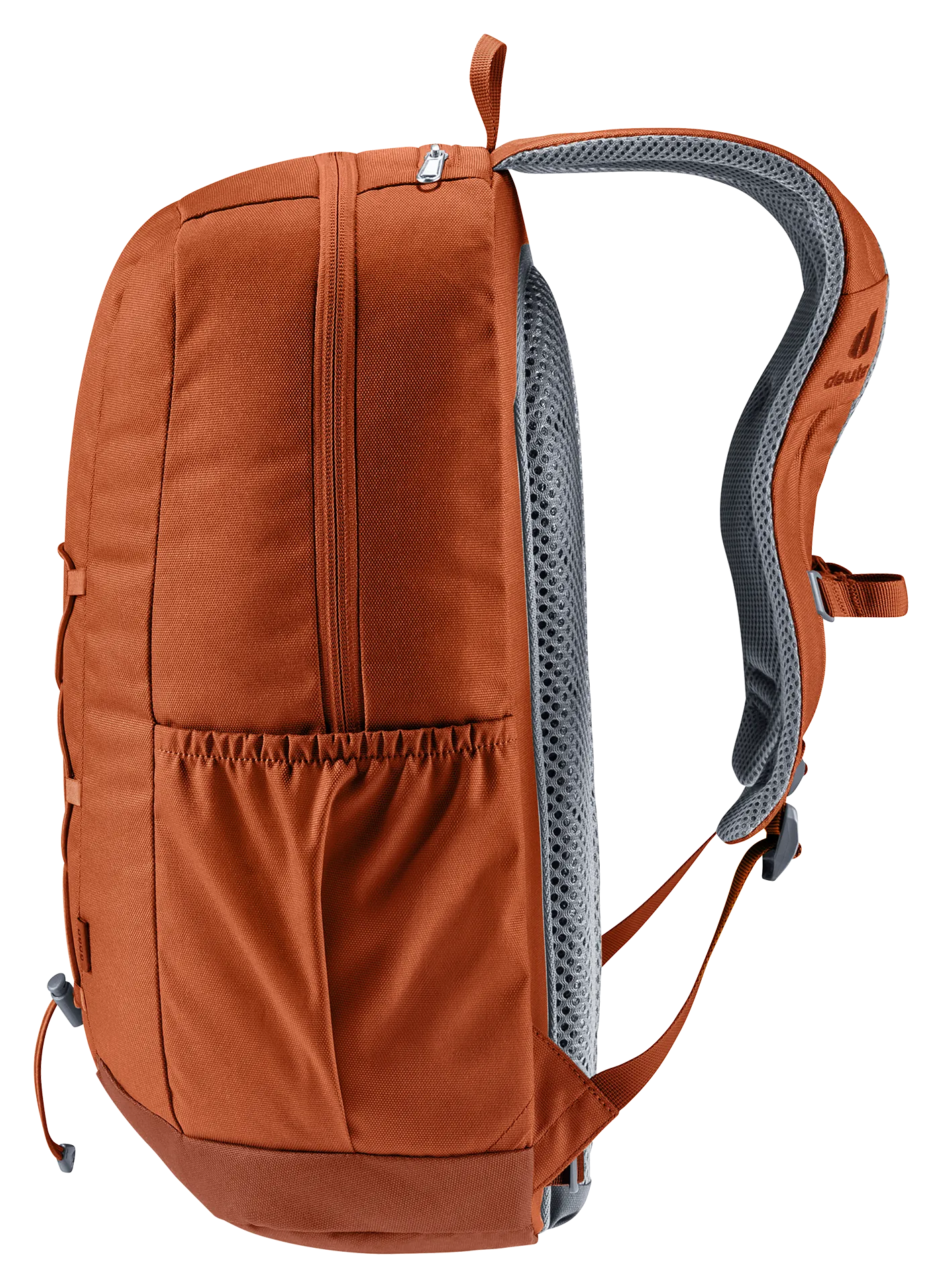 backpack, orange, shoulder strap, side pocket, mesh back panel