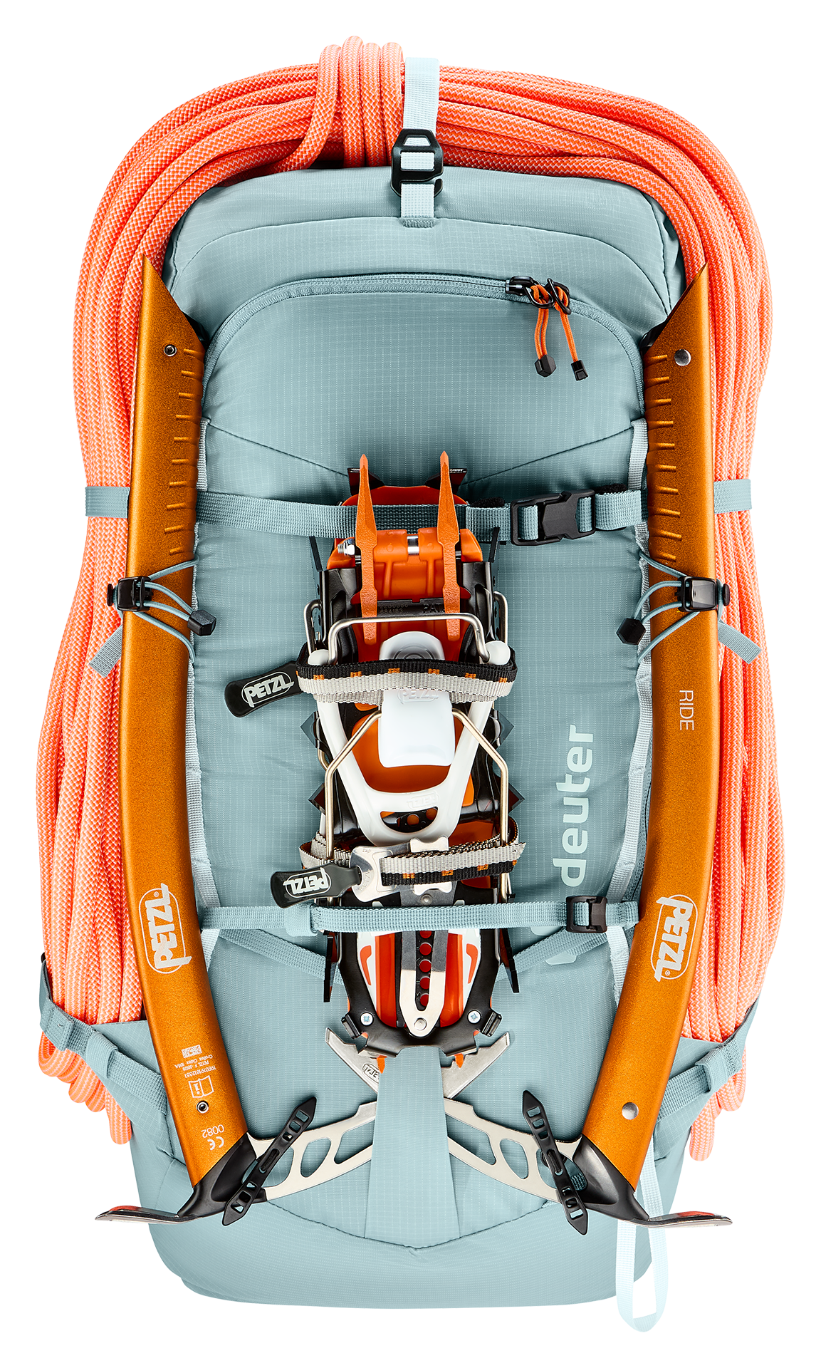 hiking backpack, climbing gear, ice axe, orange ropes, payload carrier