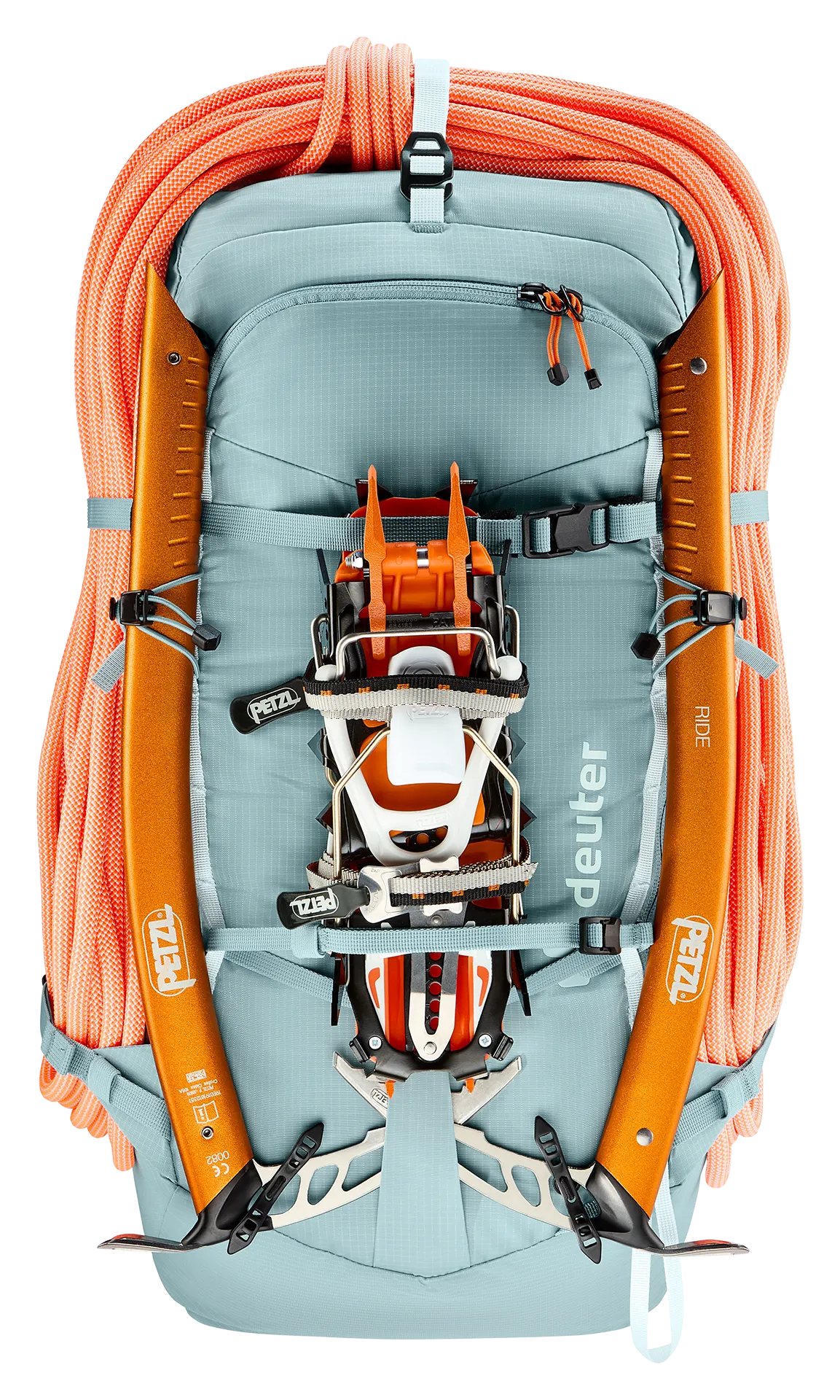 hiking backpack, climbing gear, ice axe, orange ropes, payload carrier