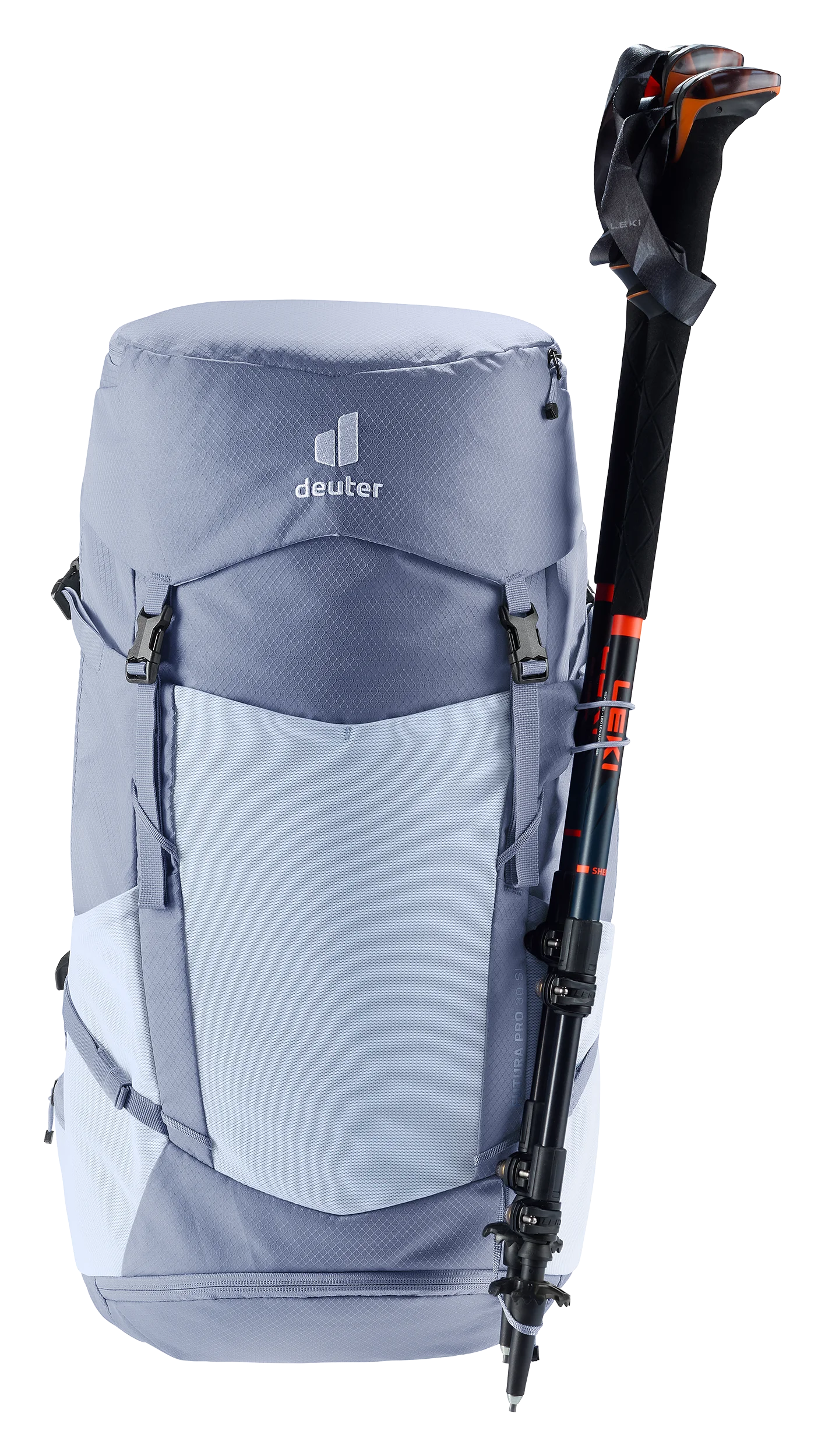 backpack, hiking backpack, blue backpack, trekking poles, outdoor gear