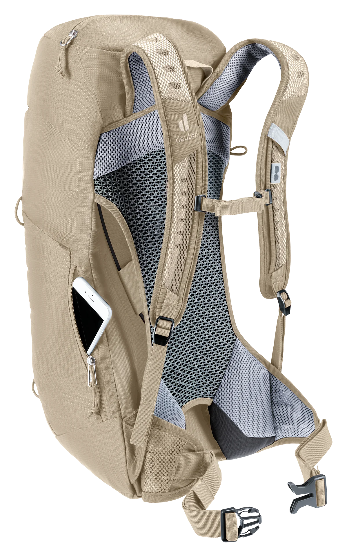 backpack, hydration-ready, mesh back, padded straps, tan color