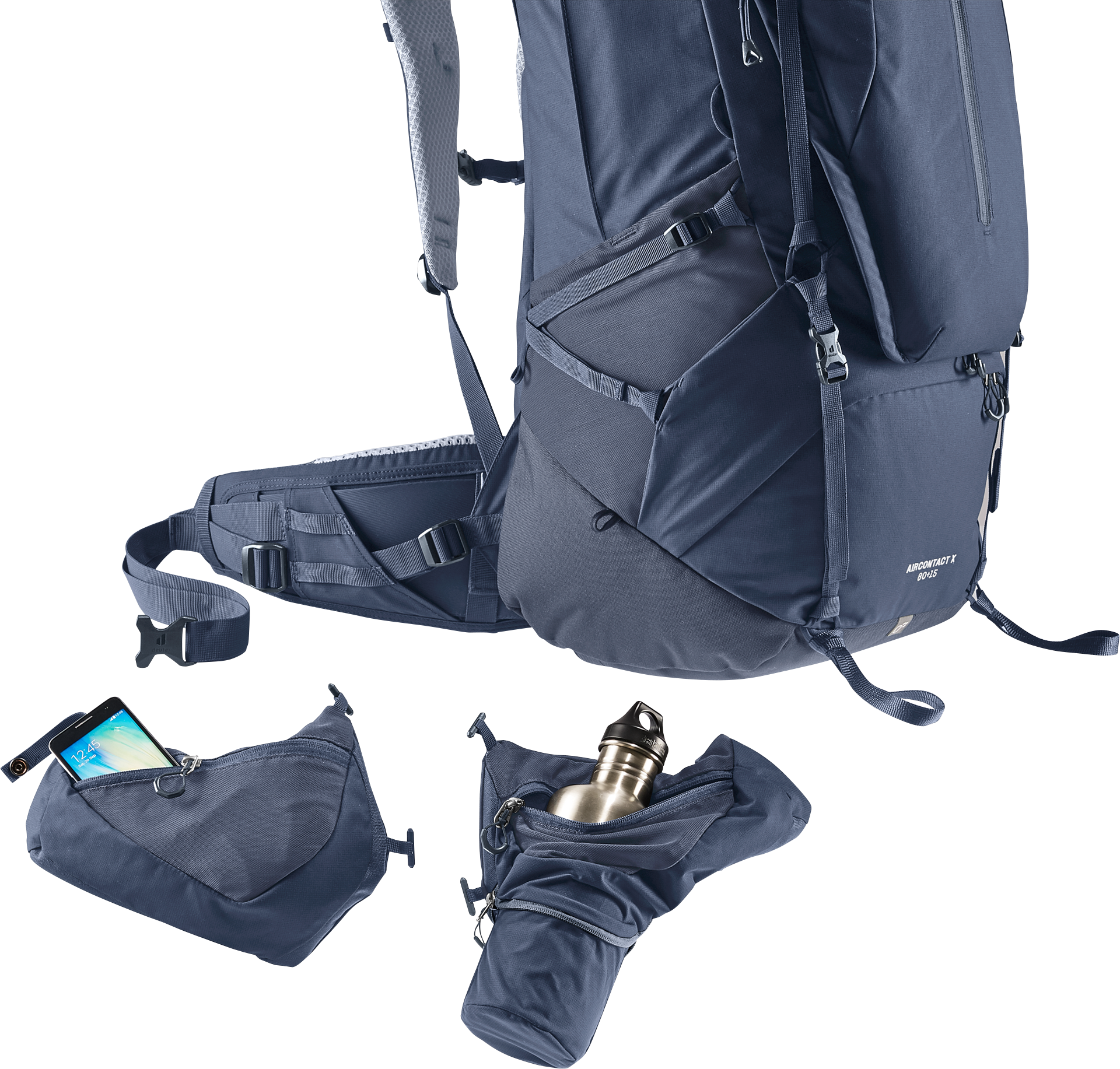 Aircontact X 80+15 backpack, hydration, pockets, blue, strap