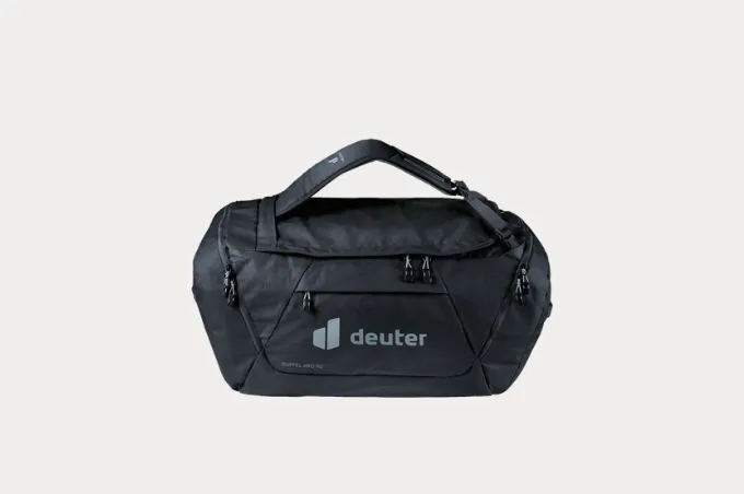 duffel bag, travel bag, black bag, zippered pockets, carry handle