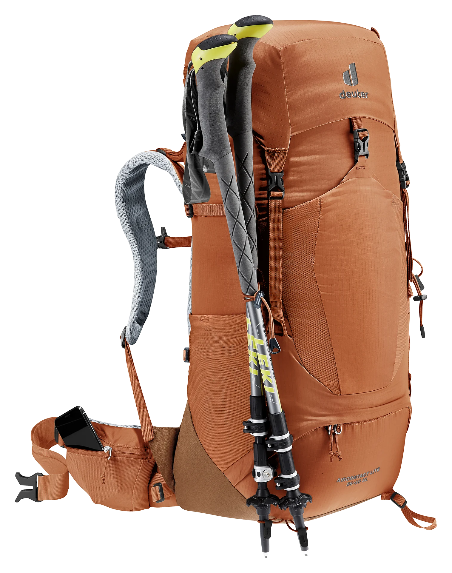 backpack, hiking, orange, hydration, poles