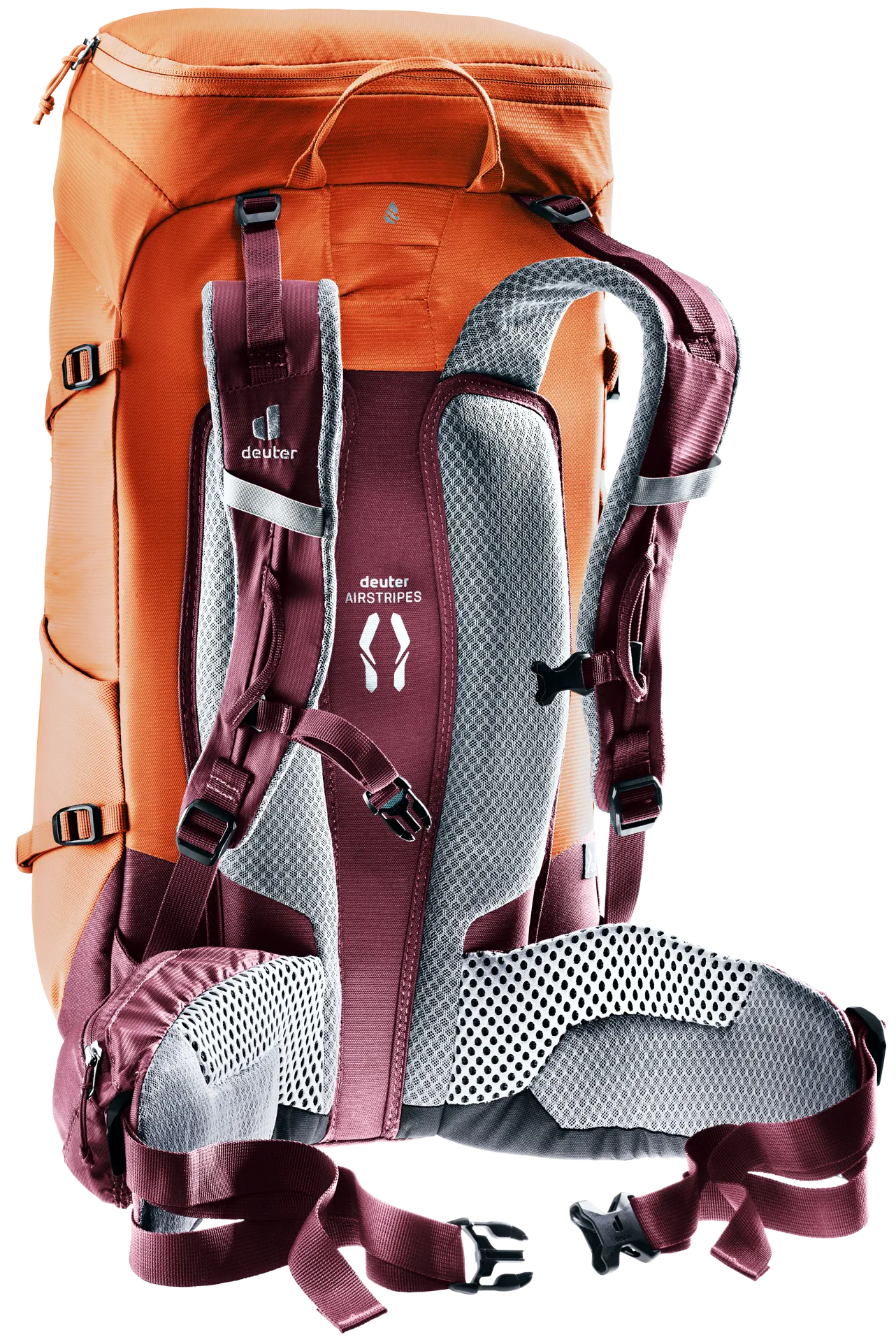backpack, daypack, hydration, shoulder straps, orange/purple