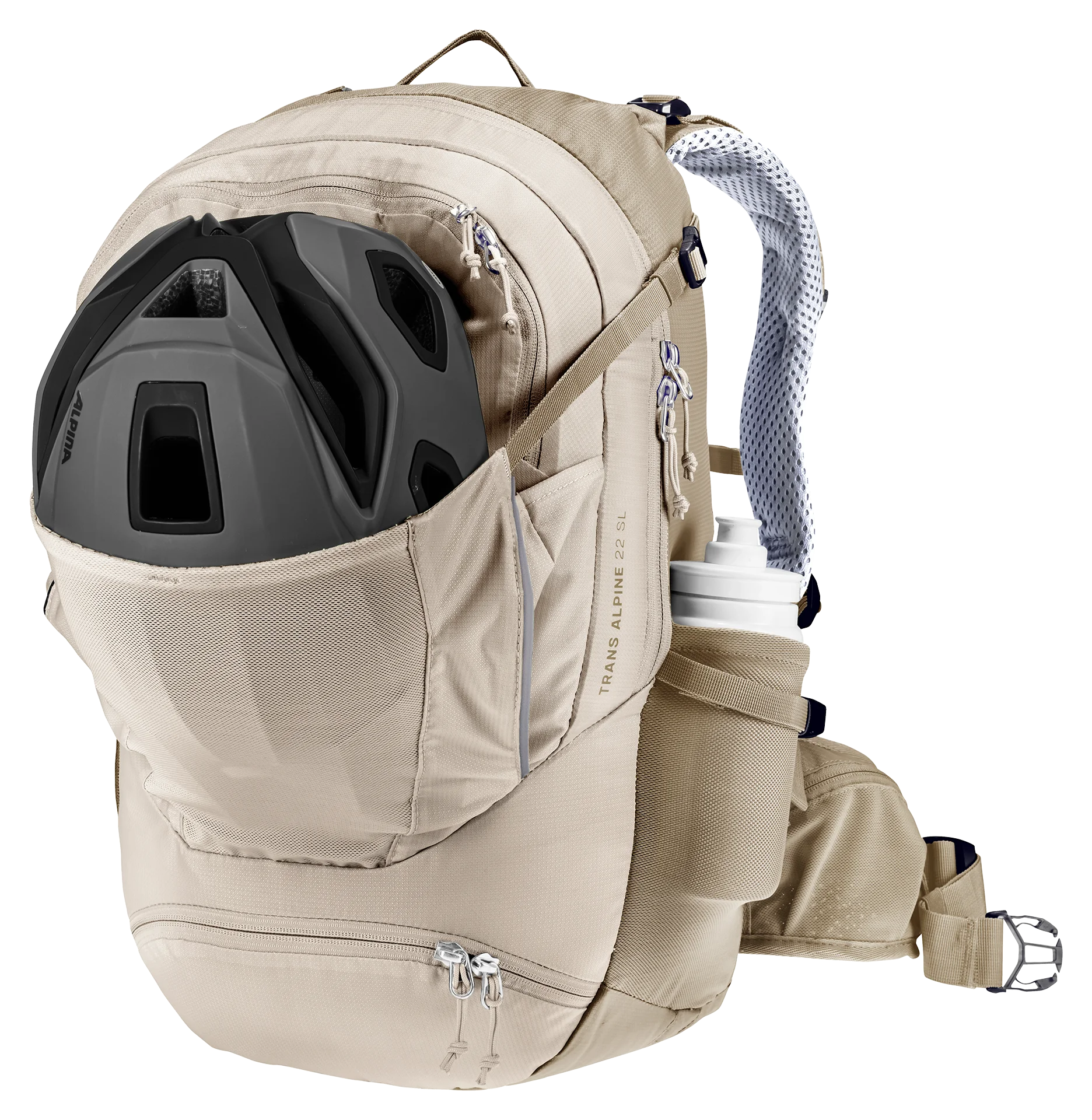 backpack, hiking, water bottle holder, helmet attachment, beige