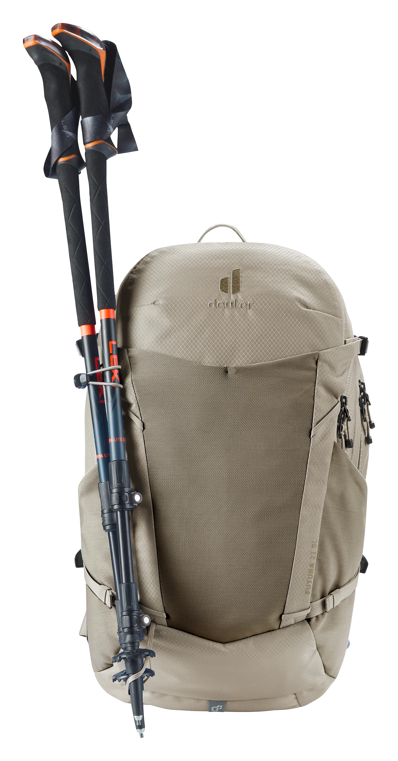 hiking backpack, tan backpack, trekking poles, folding trekking poles, outdoor gear