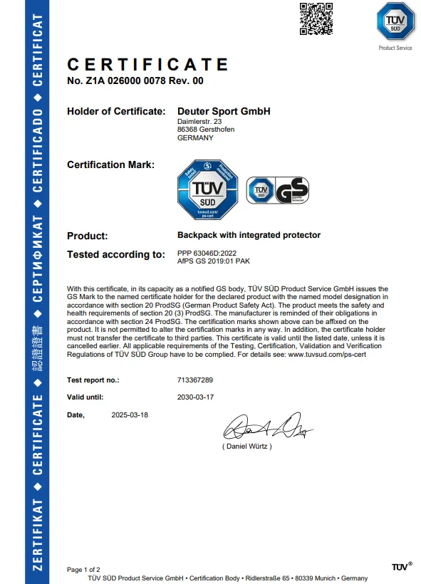 certificate, backpack, integrated protector, test certificate, tuv sud