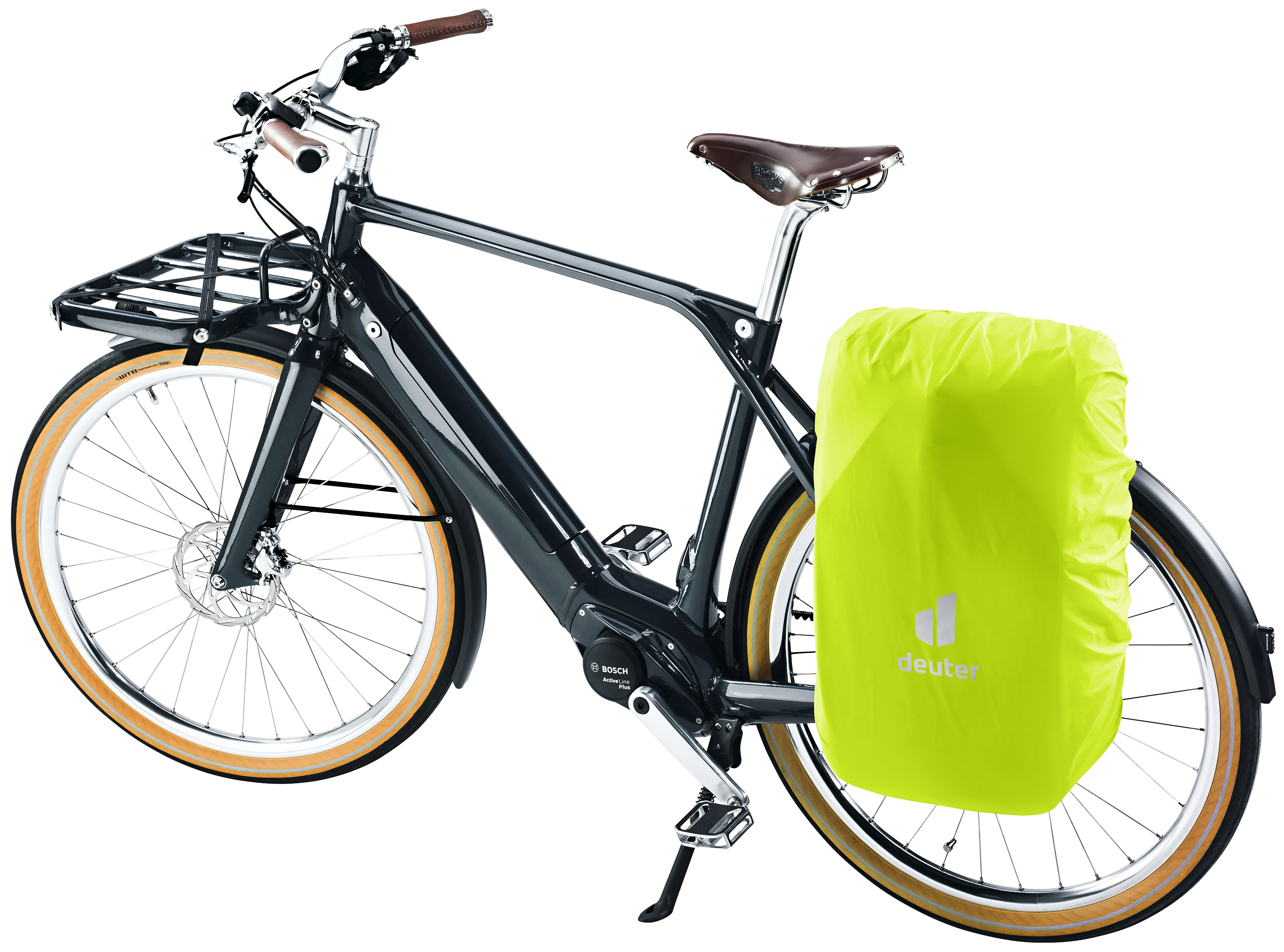 electric bicycle, cargo bike, front rack, disc brakes, green rain cover