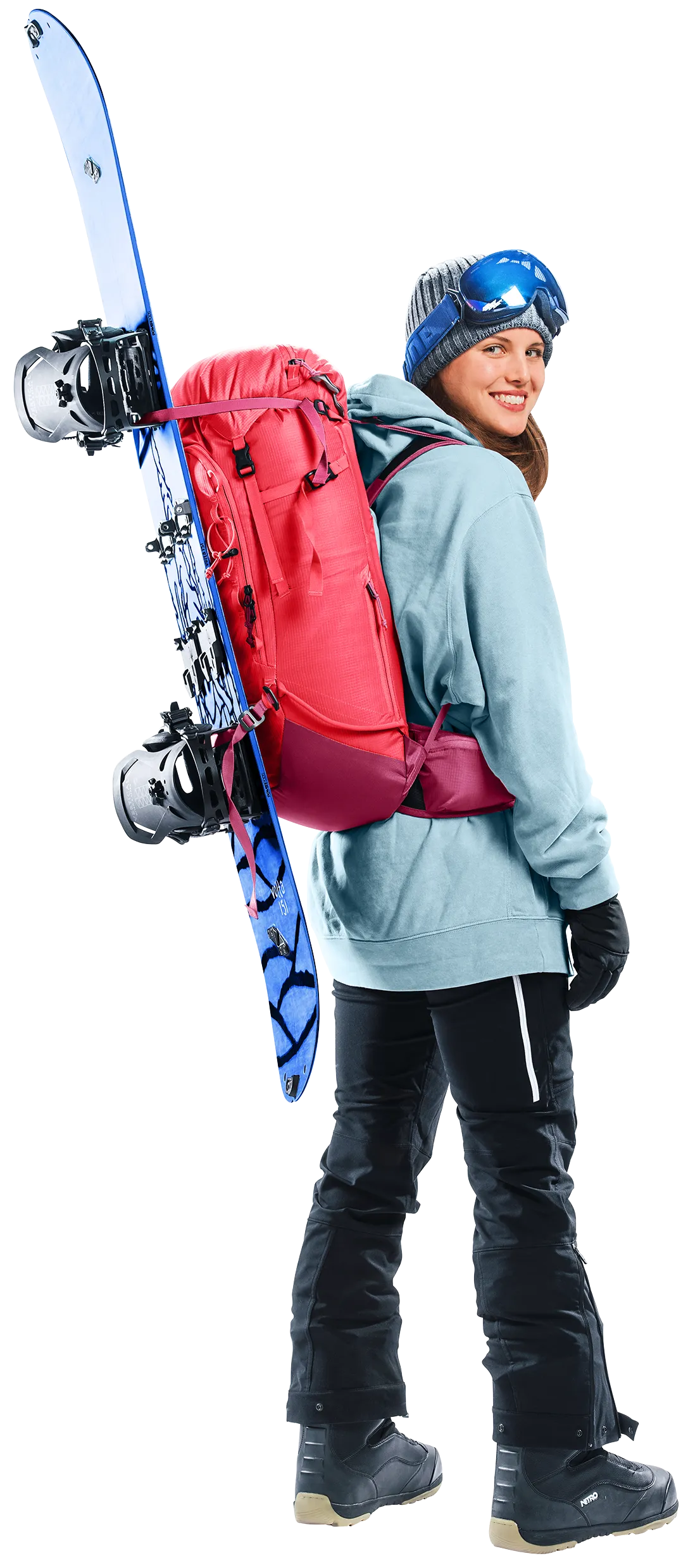 Helmet, Person, Bag, Glove, Pants, snowboard, backpack, snowboarder, goggles, winter wear