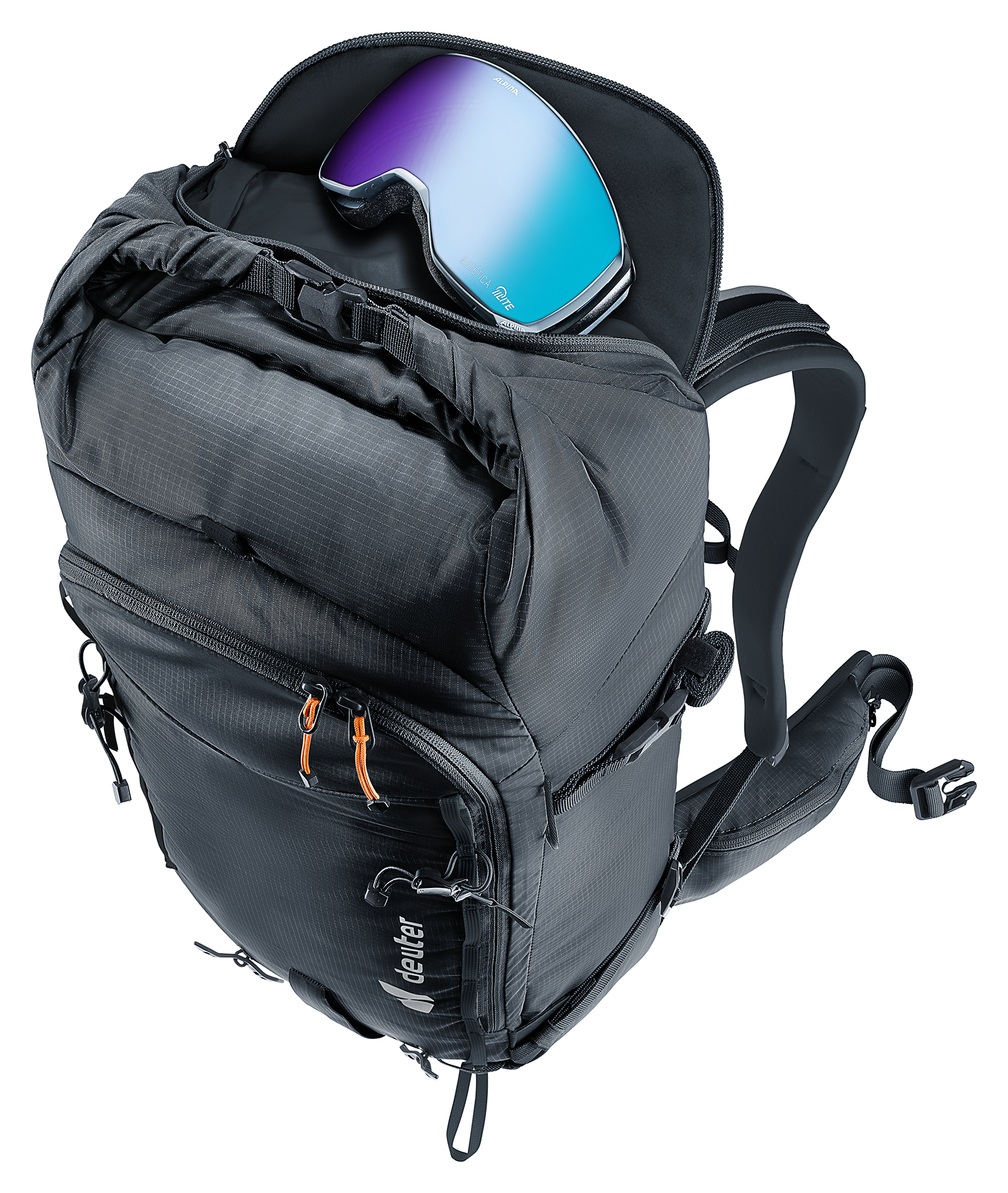 Freescape Lite 24 SL backpack, ski goggle pocket, water bottle pouch, gray backpack, carry handle