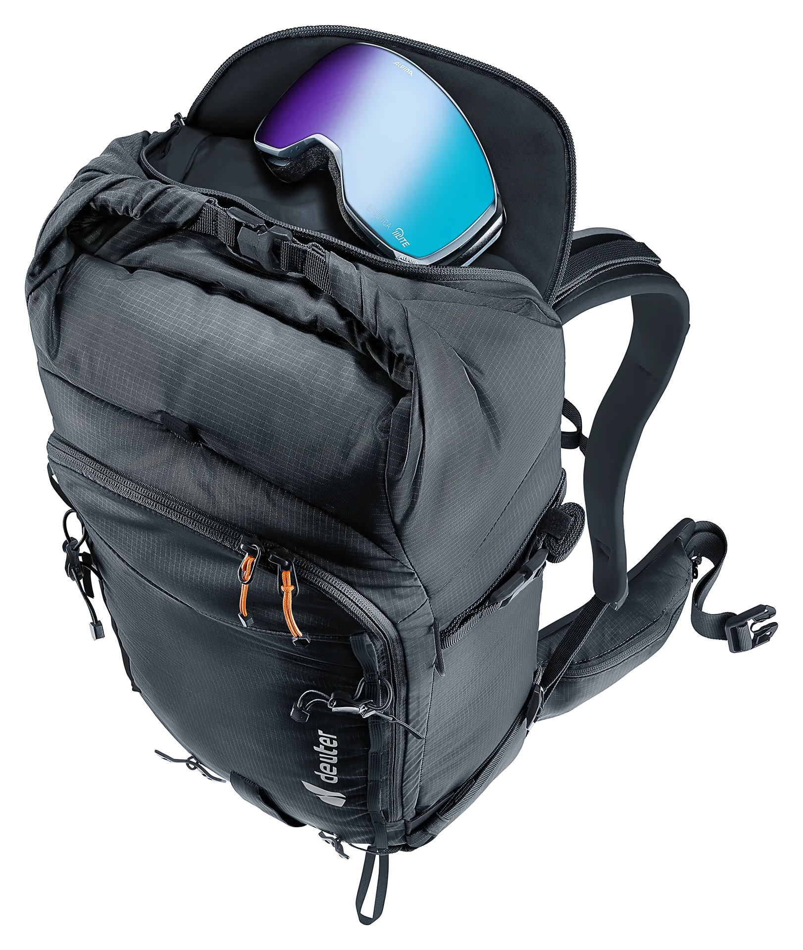 backpack, ski goggle pocket, water bottle pouch, gray backpack, carry handle
