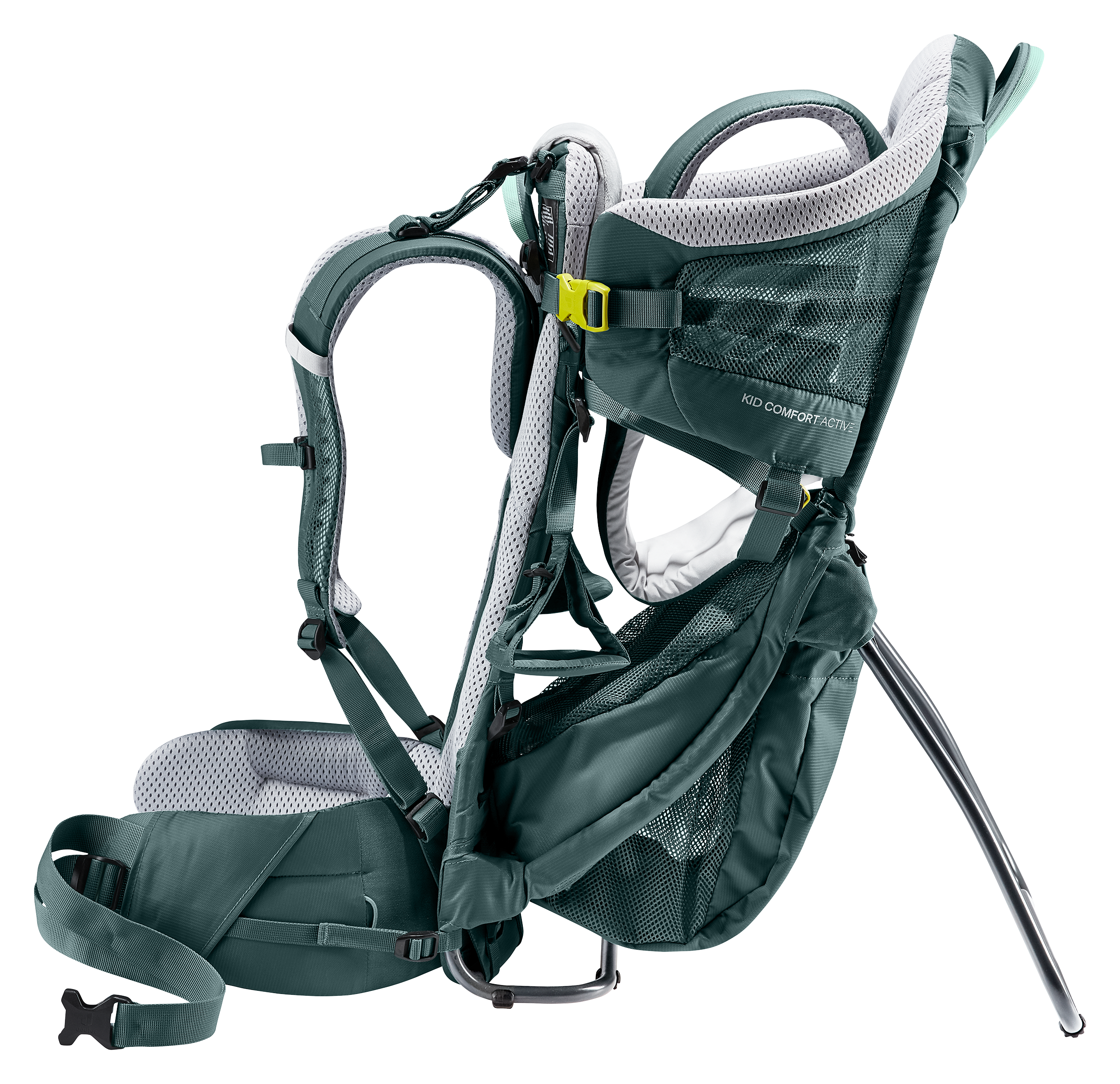 child carrier, ergonomic, backpack, mesh pockets, green