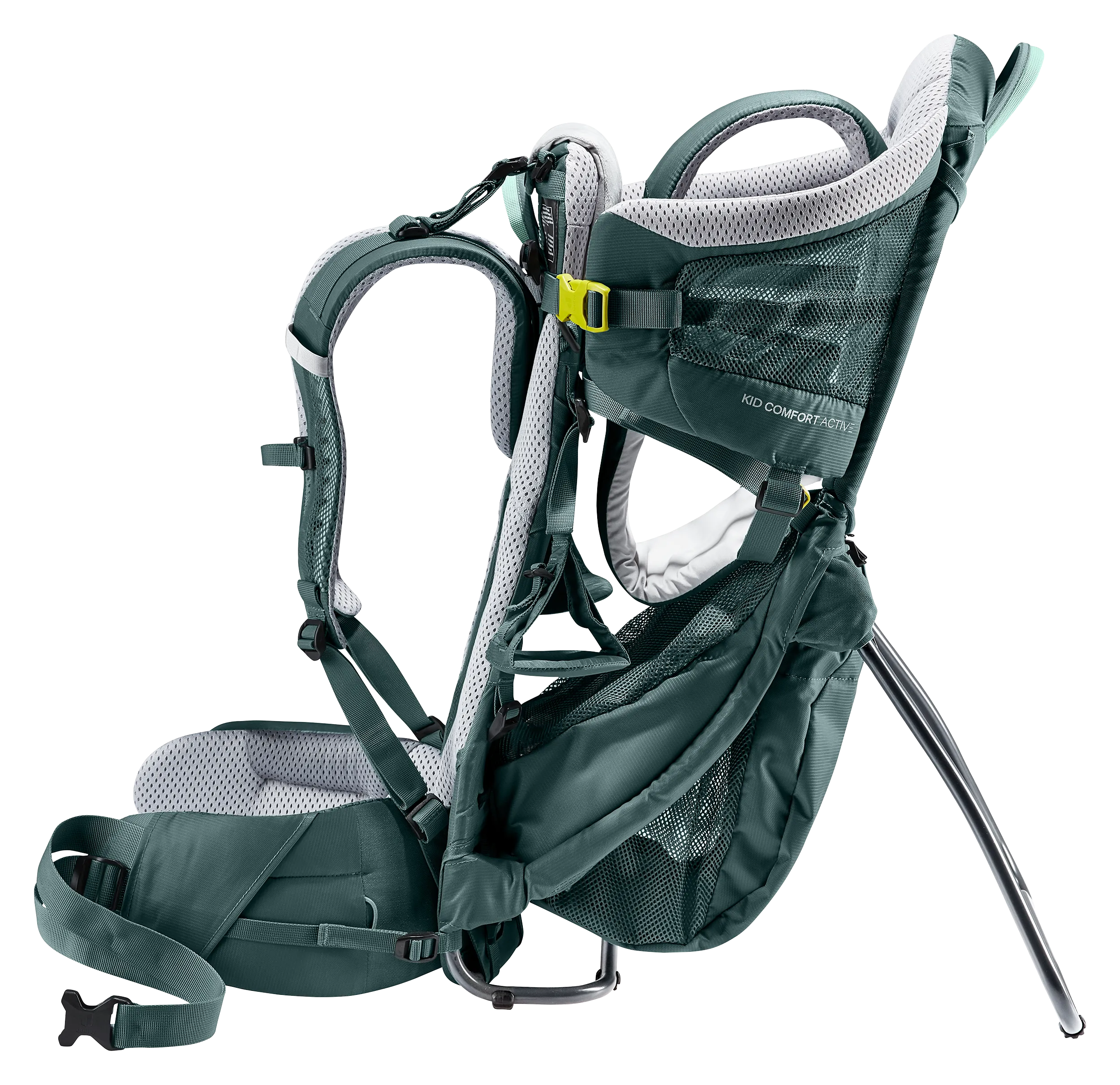 child carrier, ergonomic, backpack, mesh pockets, green