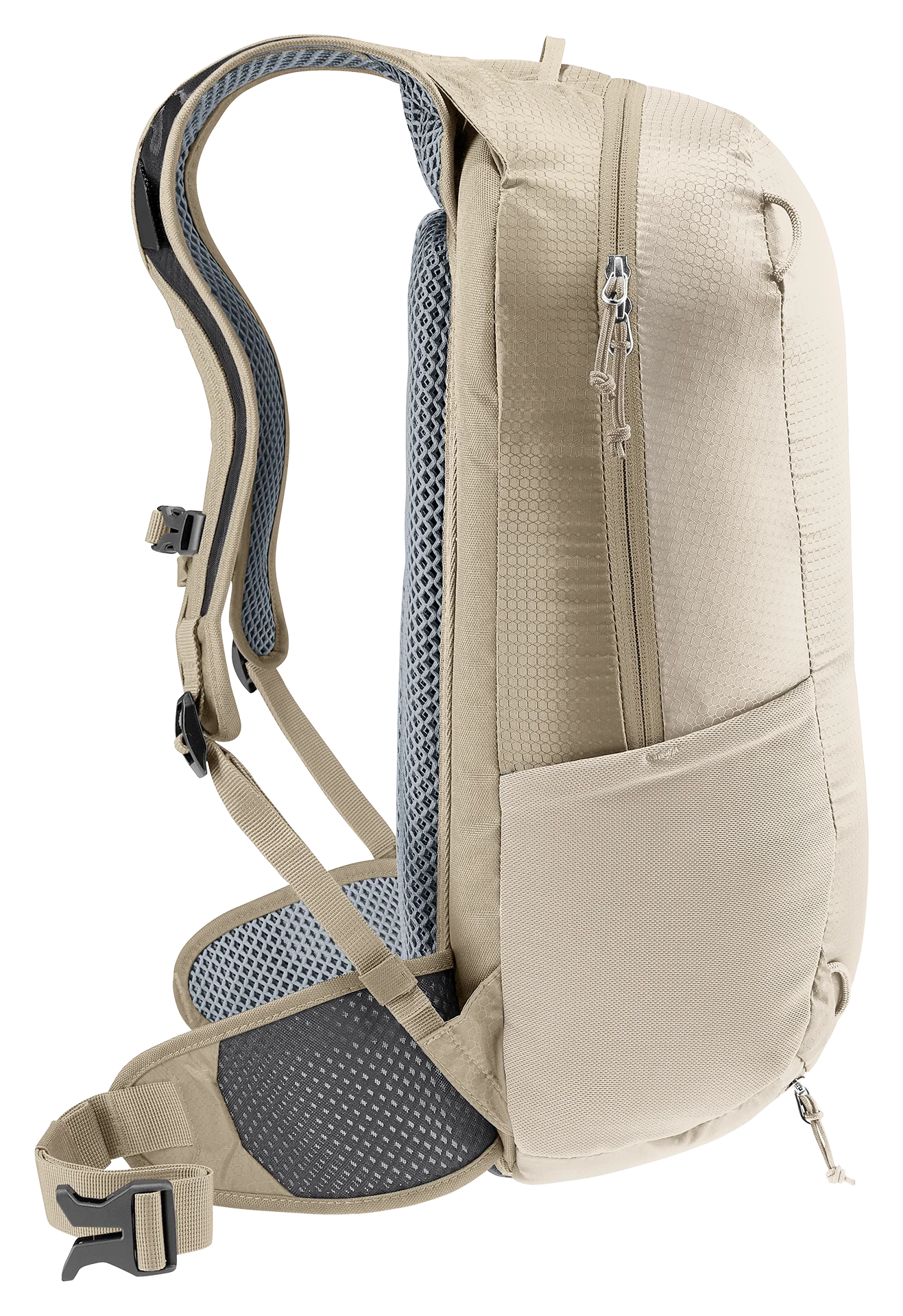 backpack, daypack, shoulder strap, zippered pocket, neutral color