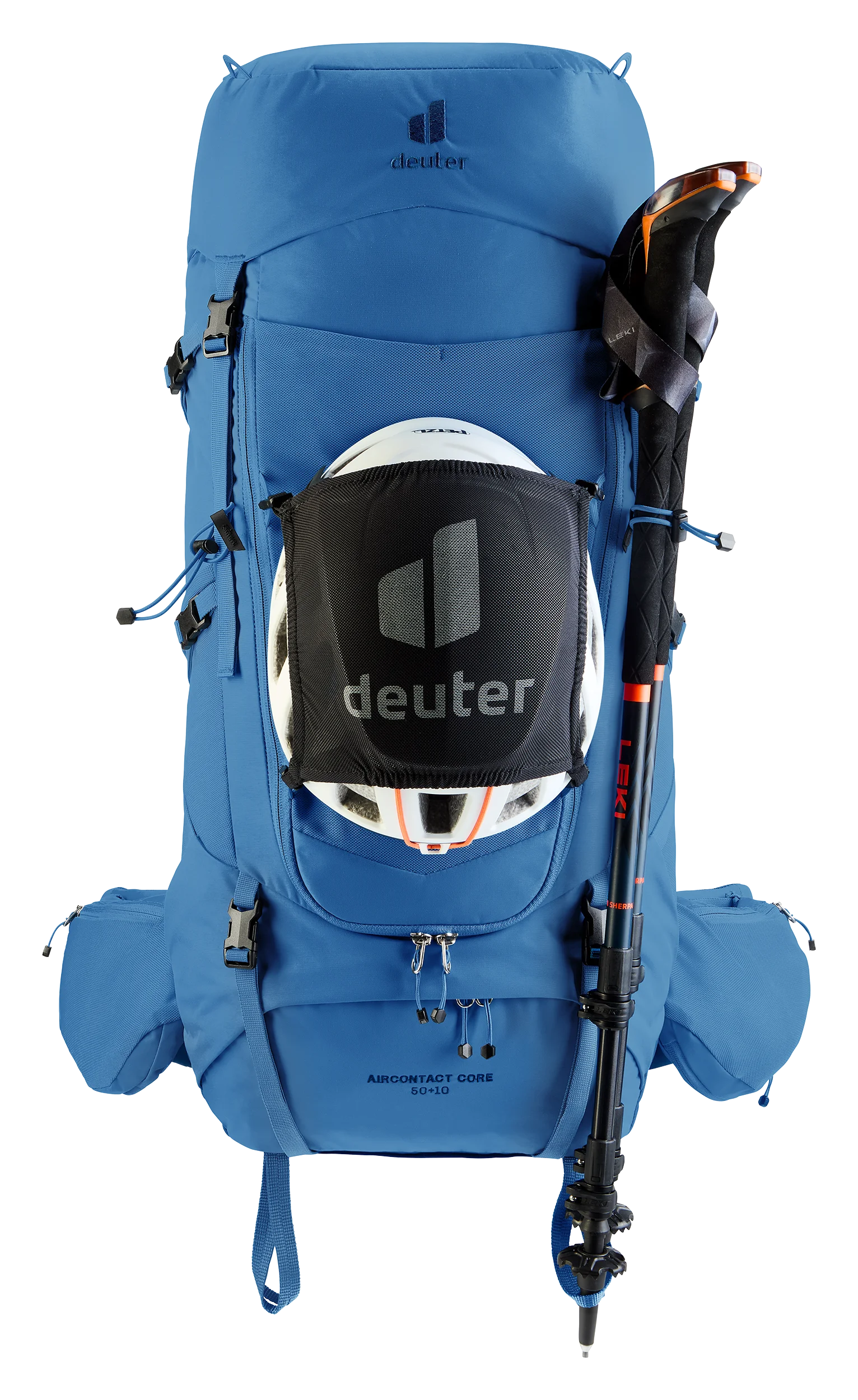 backpack, hiking, blue, helmet pocket, trekking pole holder