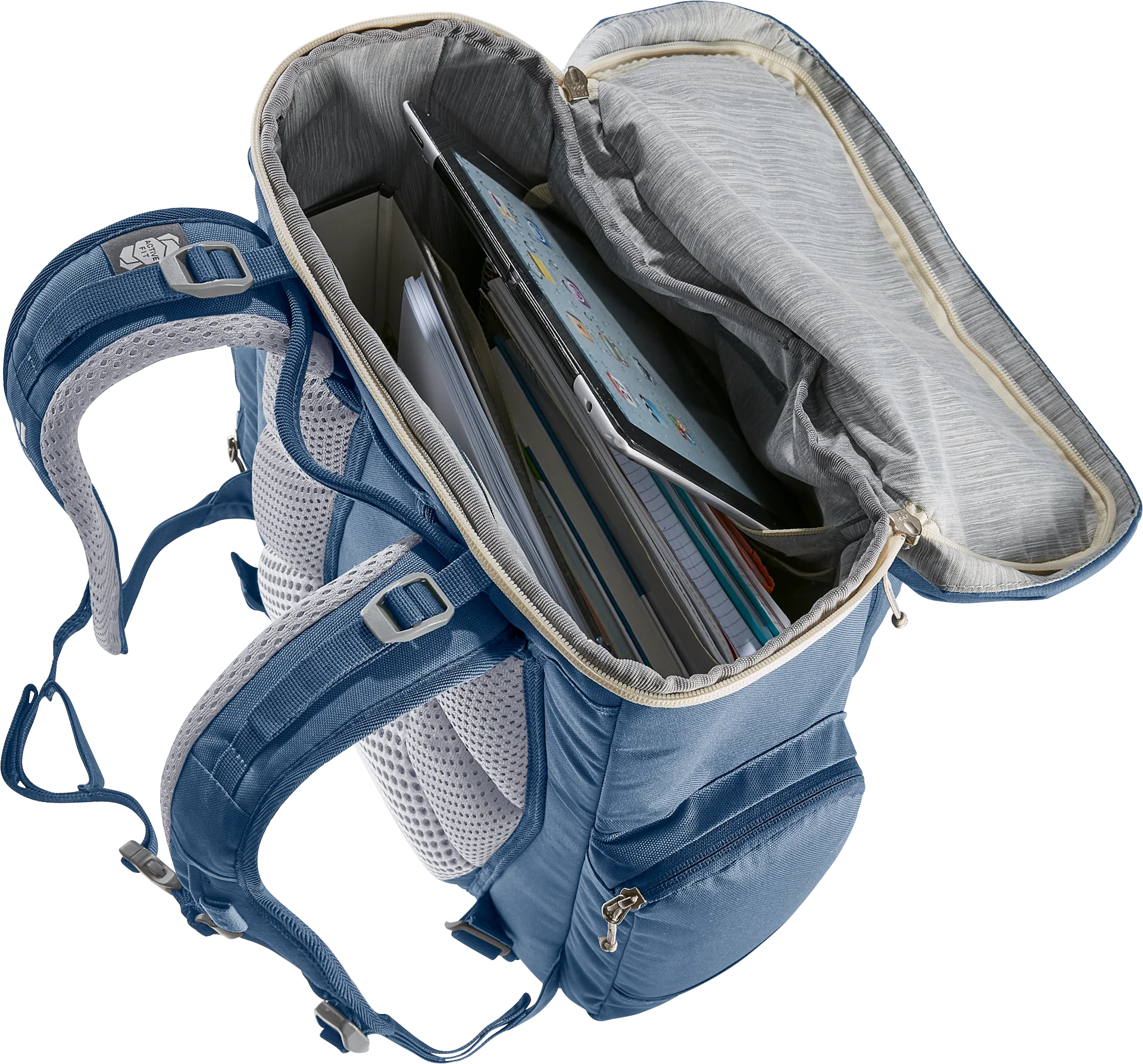 backpack, blue, laptop compartment, padded, mesh straps