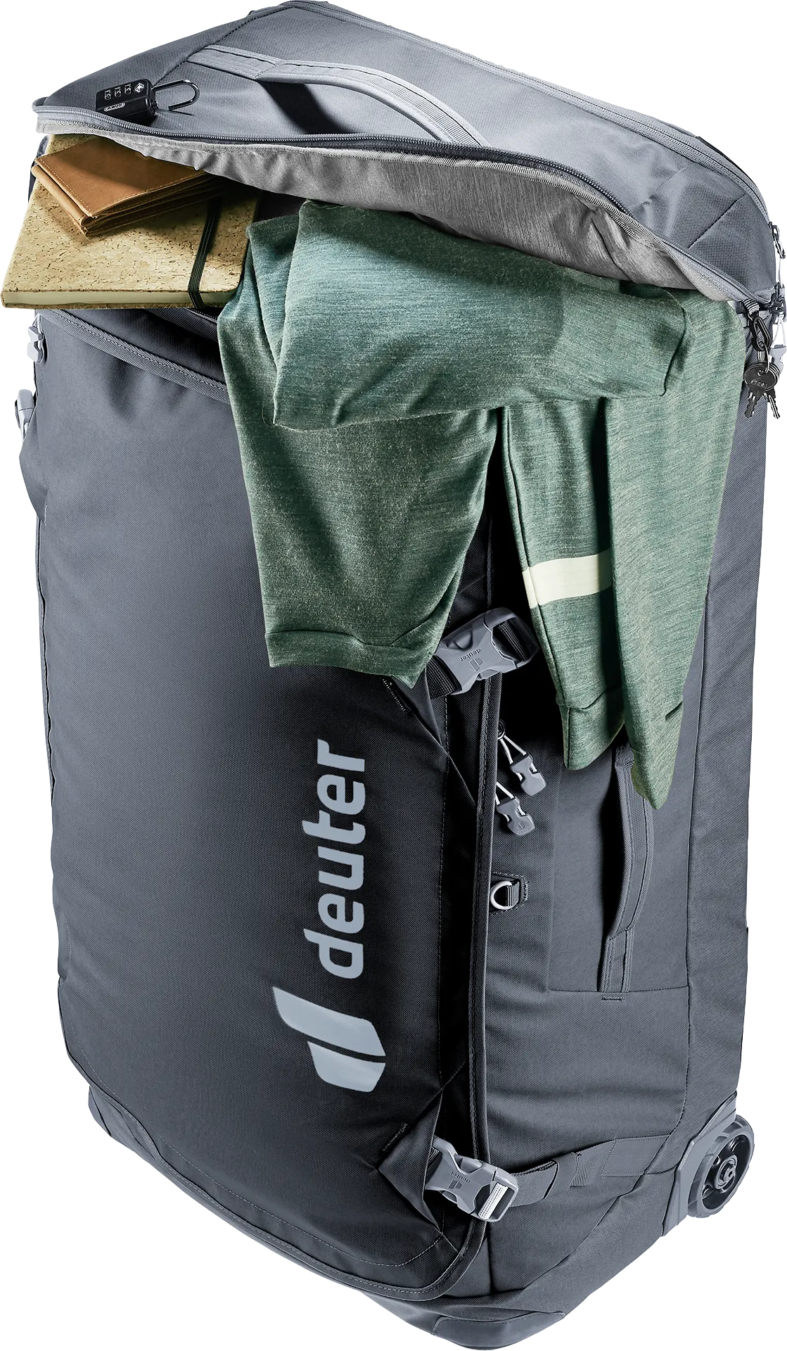 Bag, Clothing, Coat, Jacket, travel backpack, gear backpack, rolling suitcase, folded clothes, grey backpack
