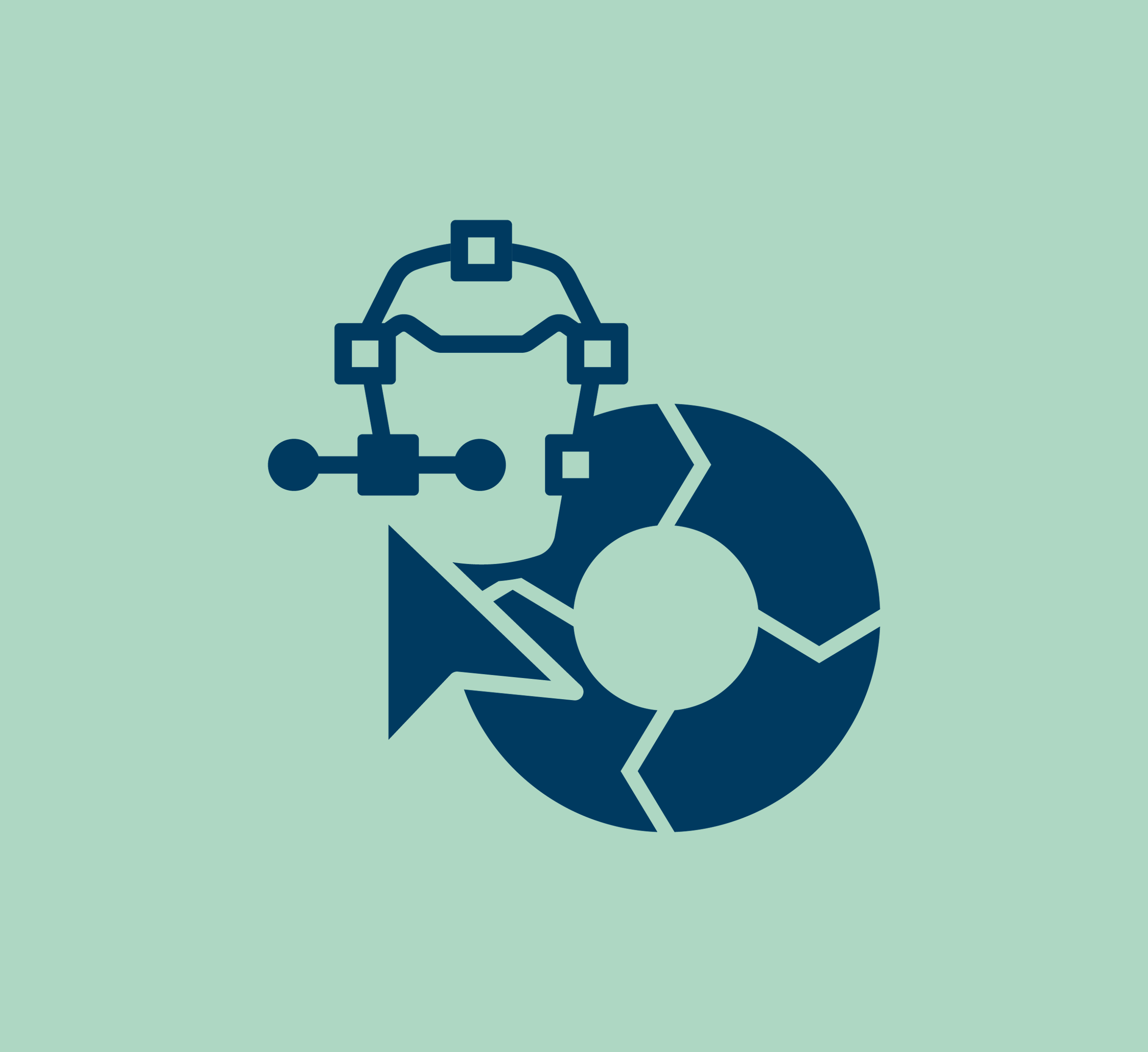 headset icon, person profile, pie chart, navy blue, mint background