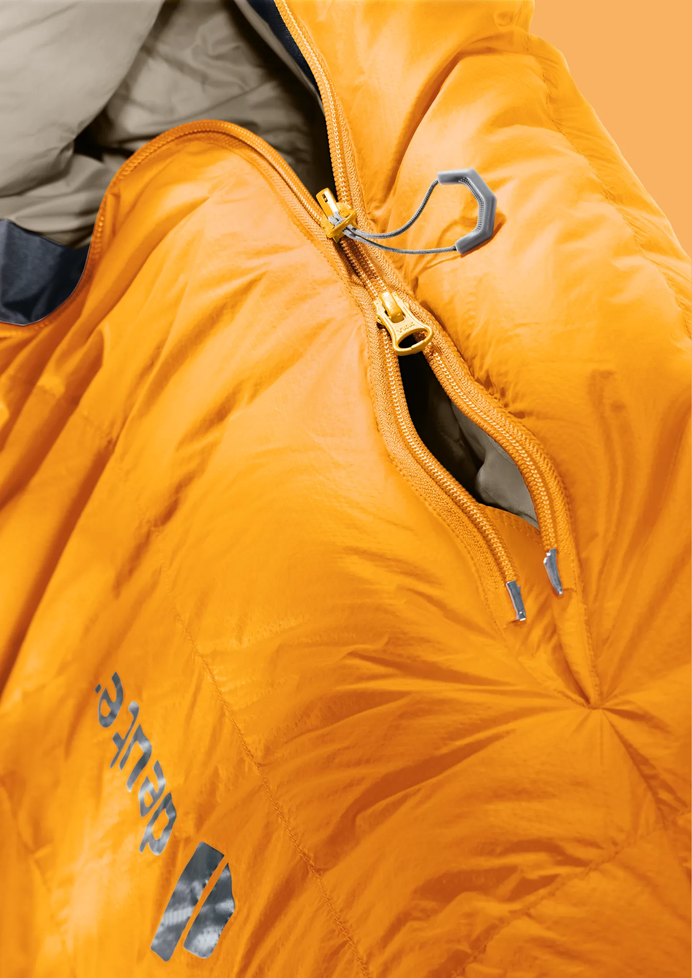 jacket, puffer, orange, zipper, carabiner