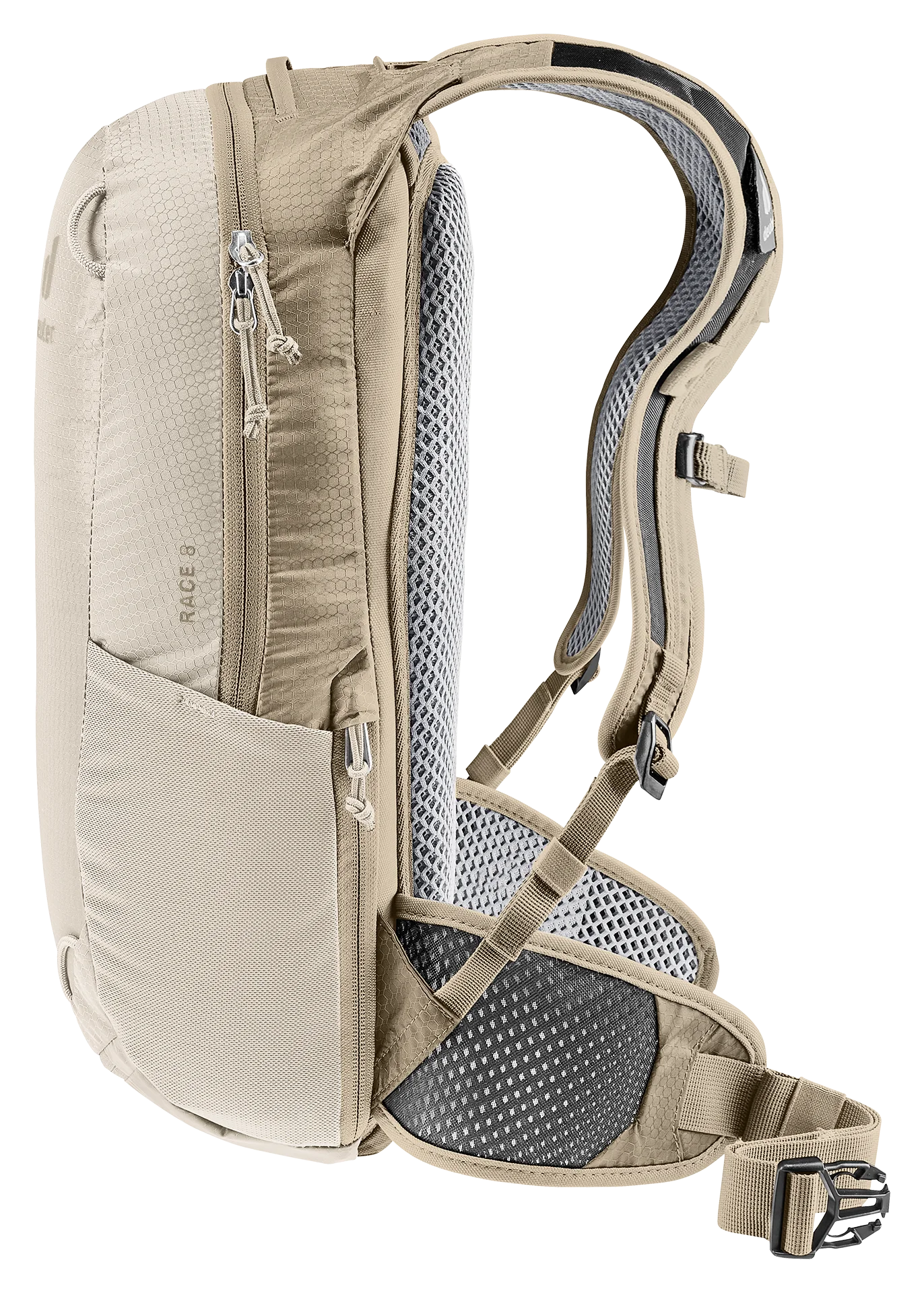 hiking backpack, hydration pack, tan backpack, shoulder strap, mesh back panel