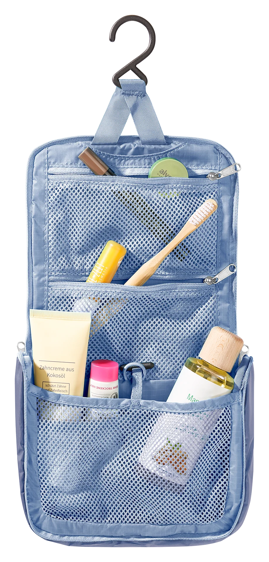 travel toiletry bag, hanging organizer, mesh pockets, blue fabric, toiletry kit