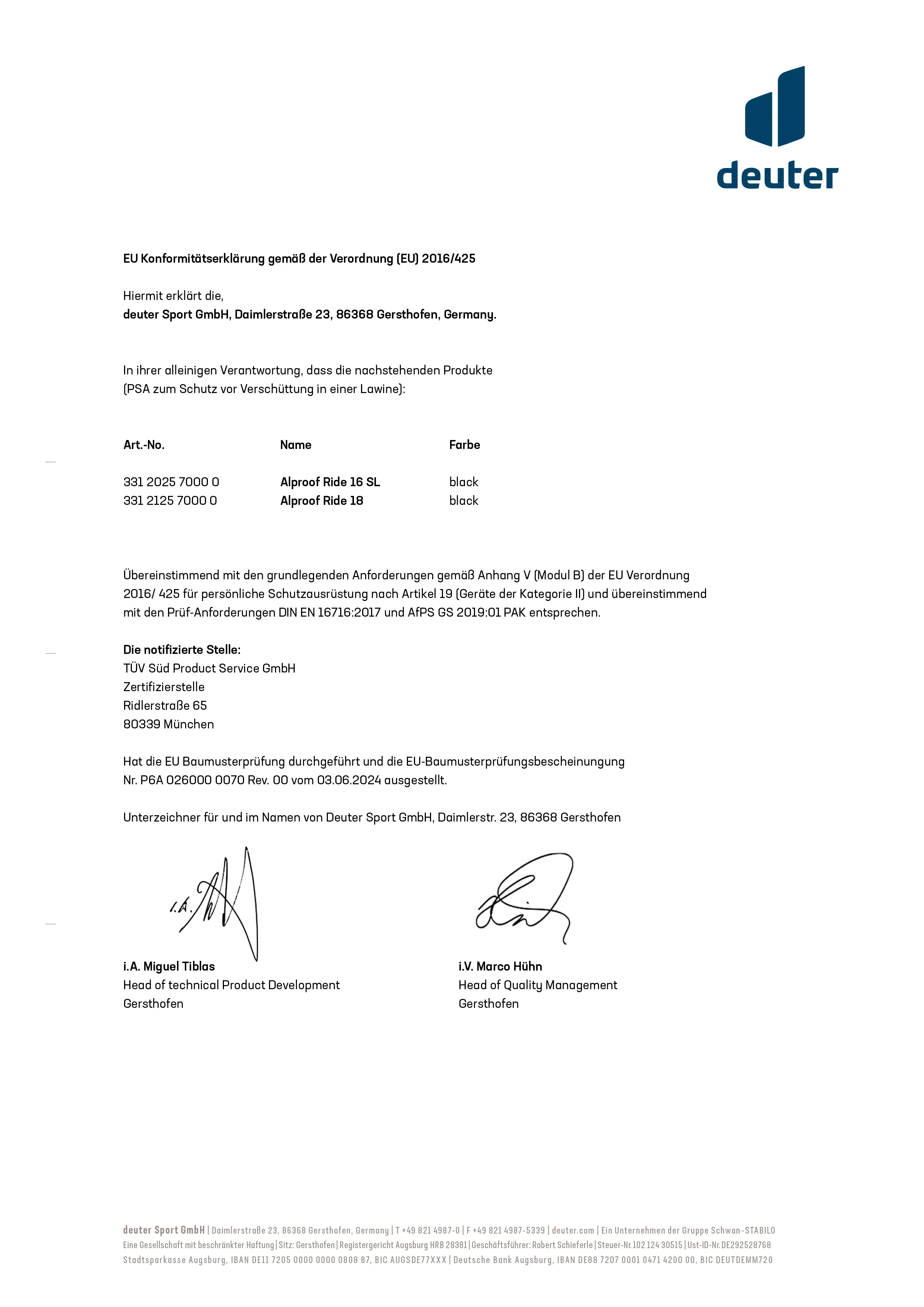 document, certificate, letter, DEUTER, brand not visible on product