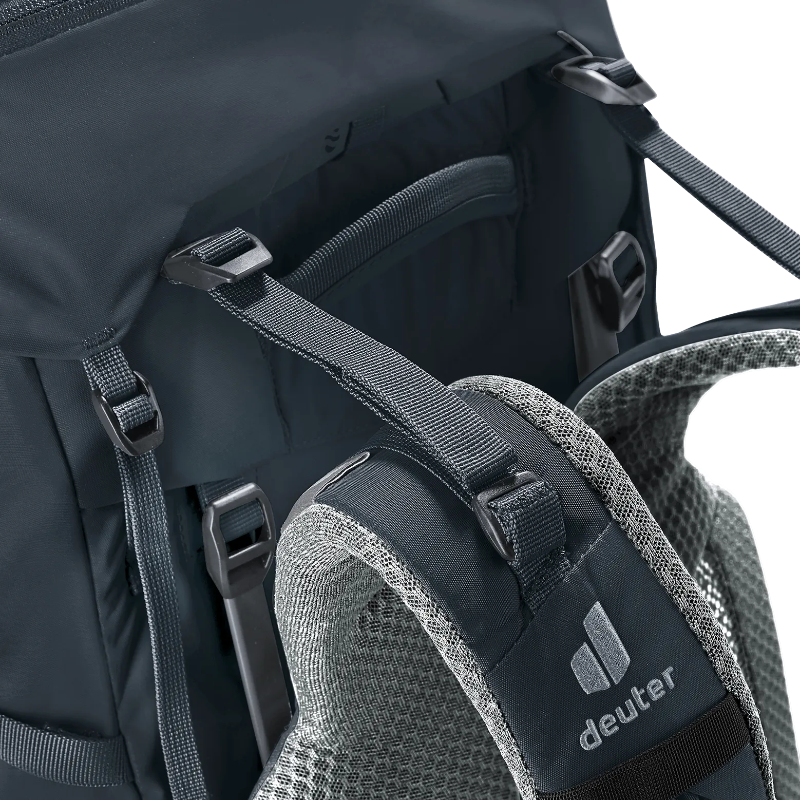 backpack, shoulder strap, mesh padding, zippers, deuter logo, backpack, shoulder straps, mesh padding, hardware, deuter logo