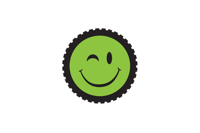 happytrails green circle, smiley face, winking face, gear edge, black outline