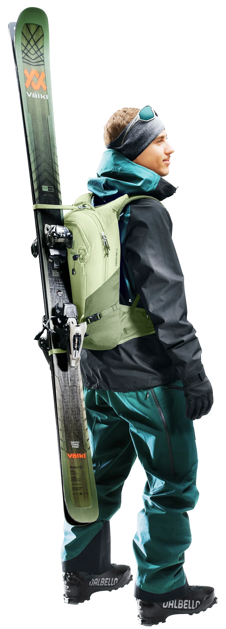 Jacket, Pants, Adult, Man, Person, ski, skiing, backpack, outerwear, boots