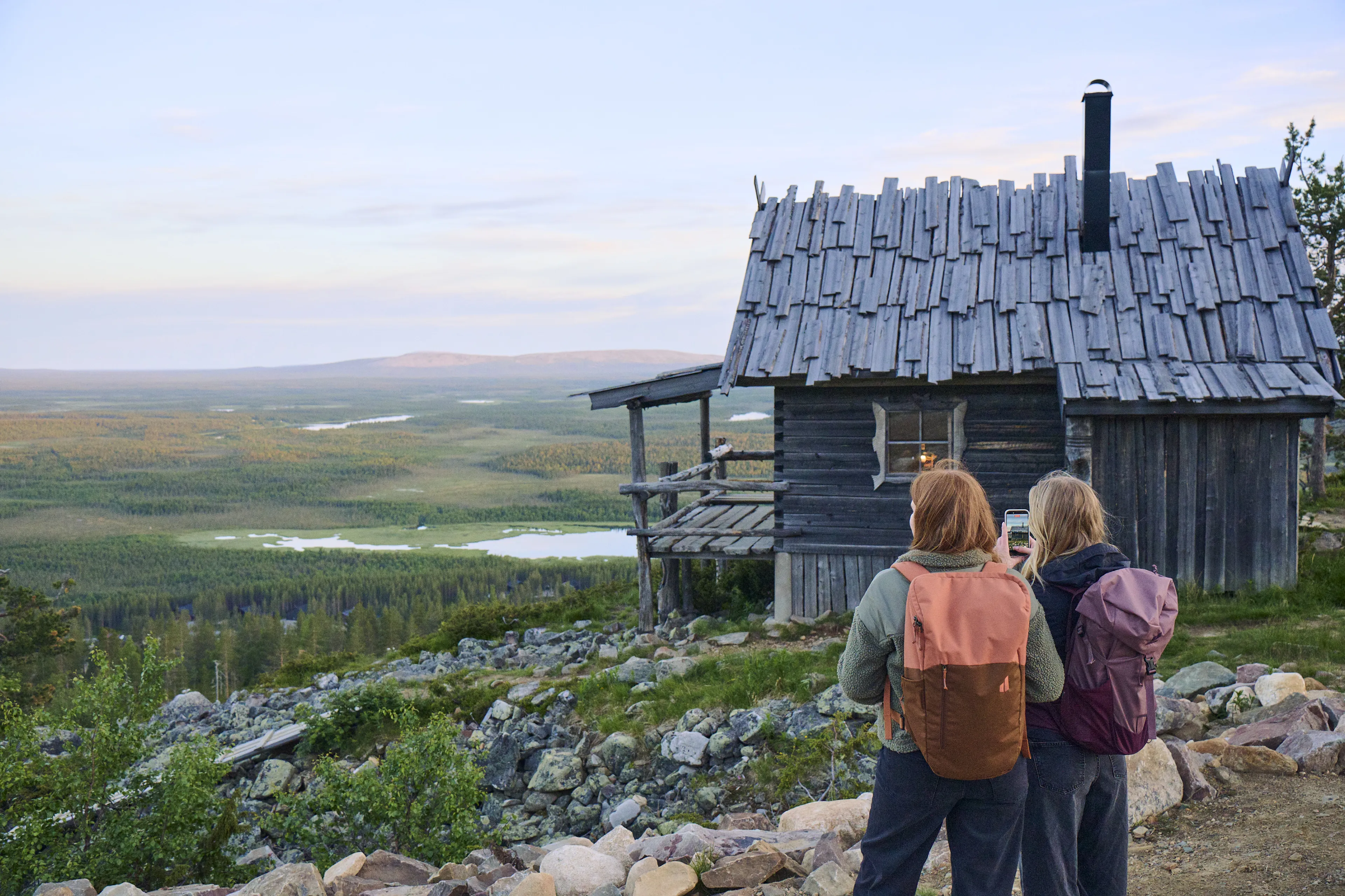 cabin, log cabin, wooden house, hiking, backpack