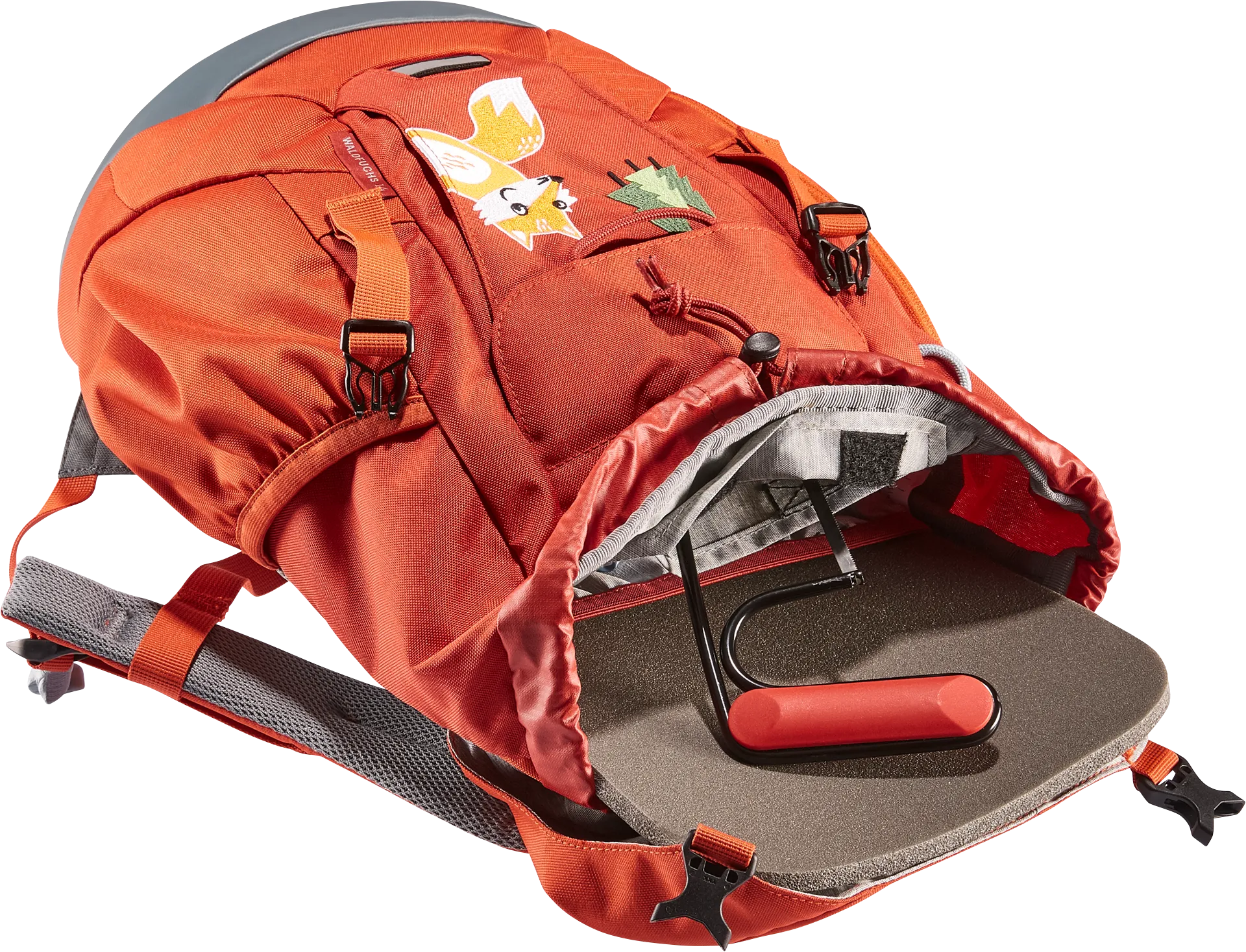 backpack, orange, patch, shoulder strap, flap pocket