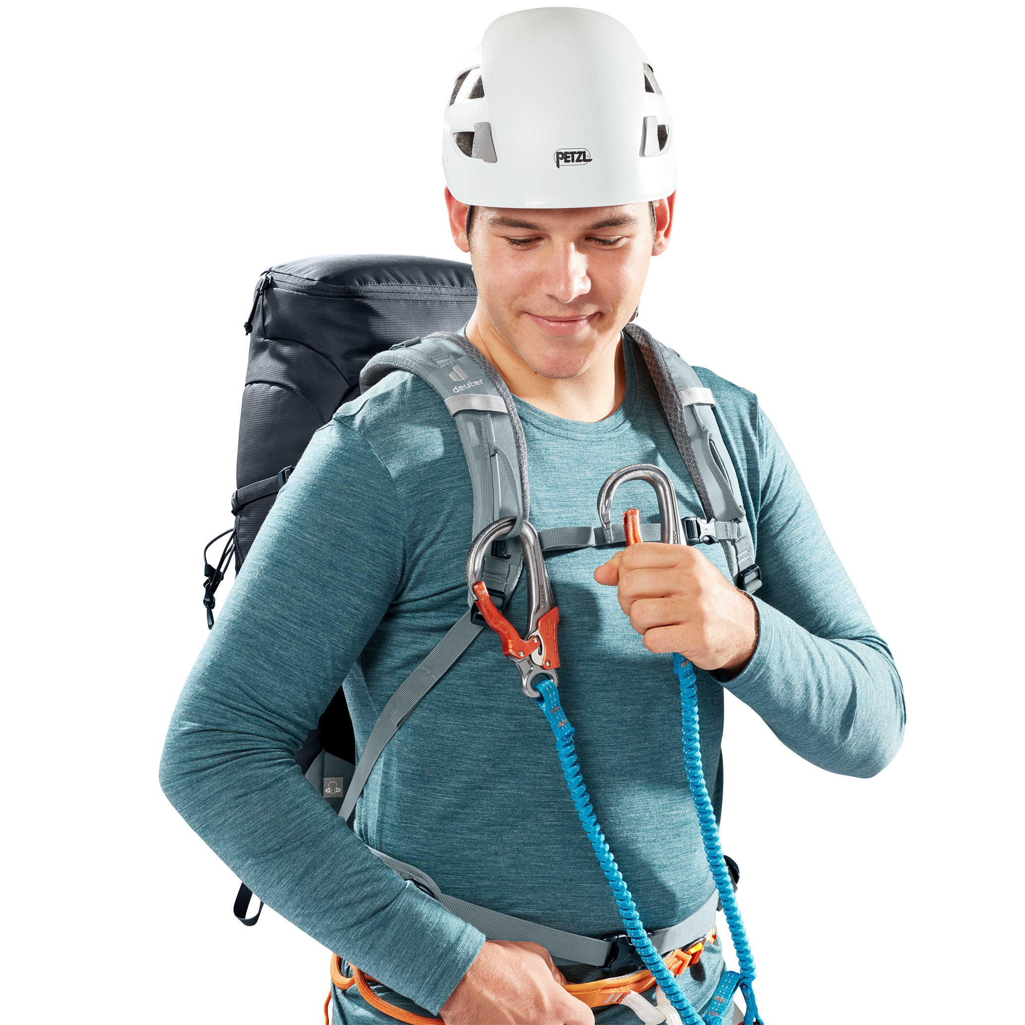 climbing, rope, harness, helmet, backpack