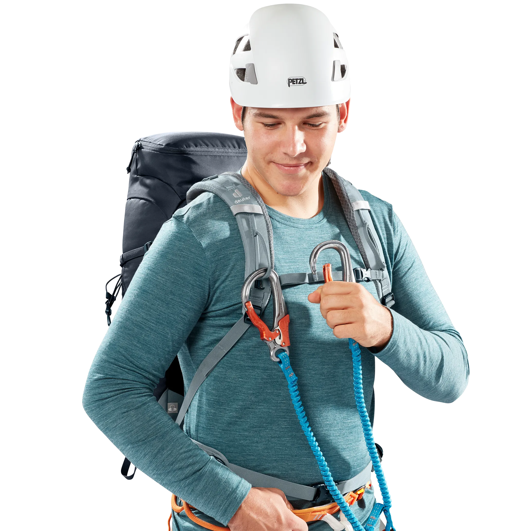 climbing, rope, harness, helmet, backpack