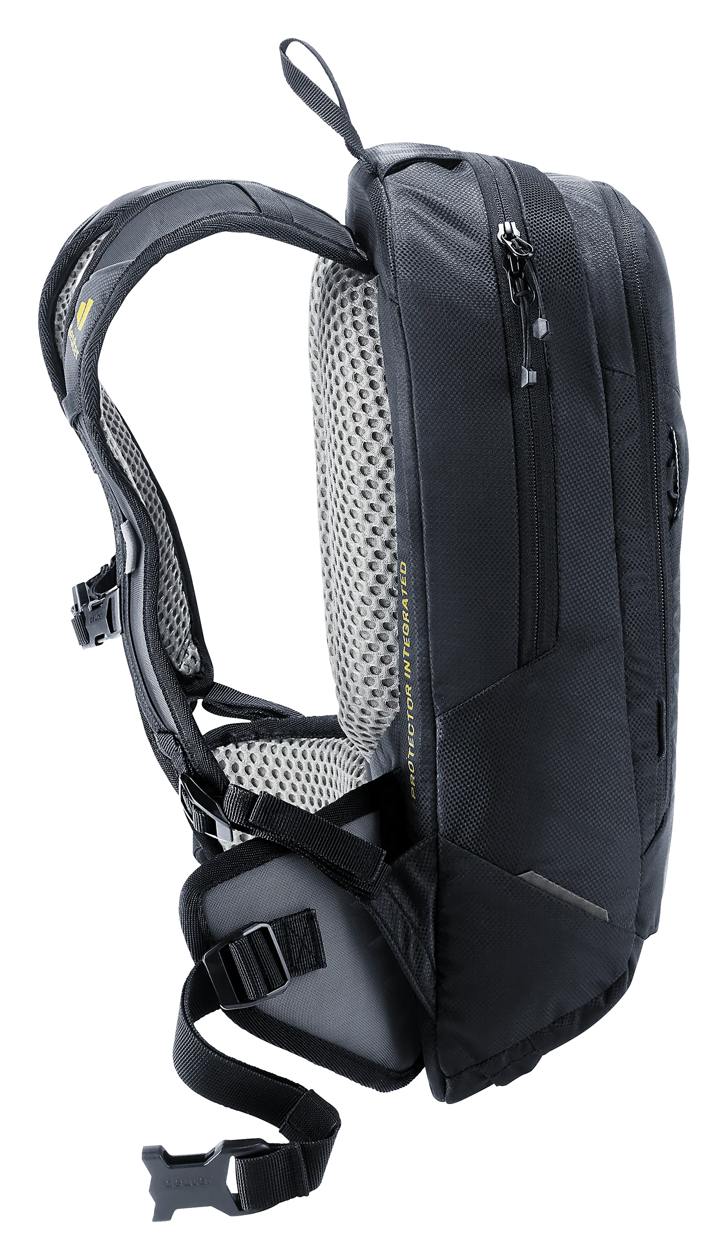 backpack, shoulder strap, mesh padding, zippered pocket, side compression