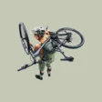 cyclist, mountain bike, deflated wheel, off-road, backpack