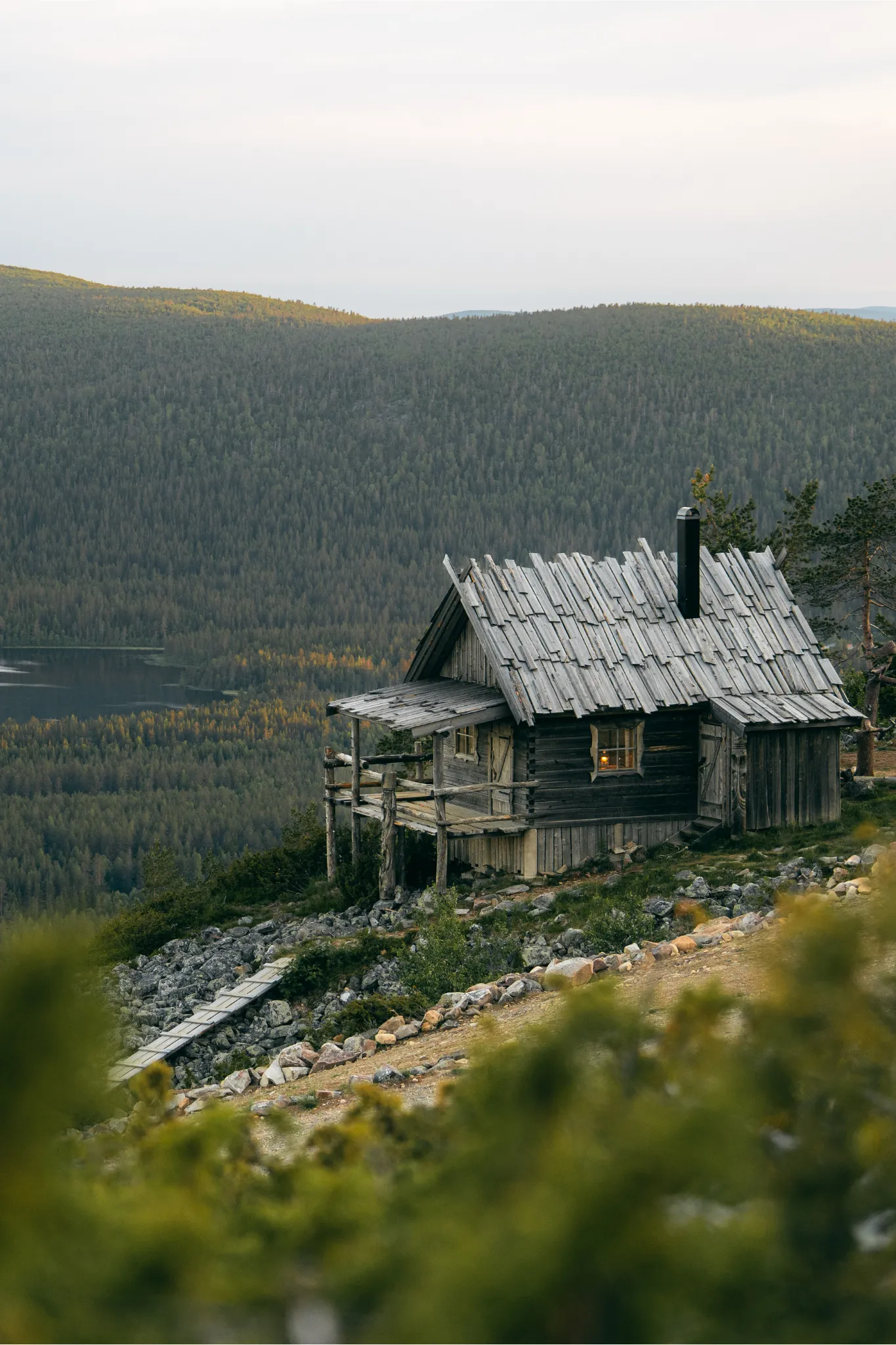 log cabin, wooden hut, chimney, lake view, mountain